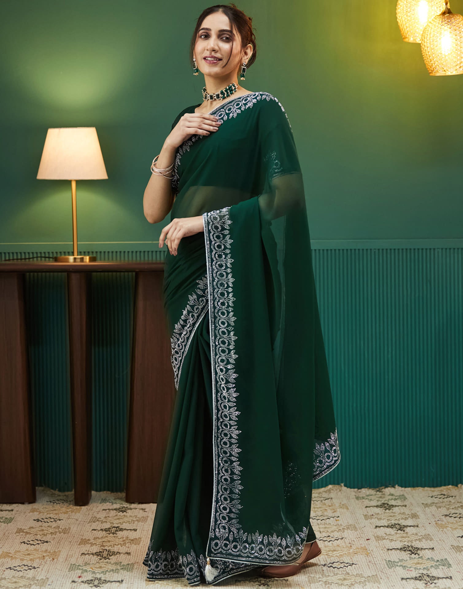 Dark Green Georgette Stone Work Swarovski Saree