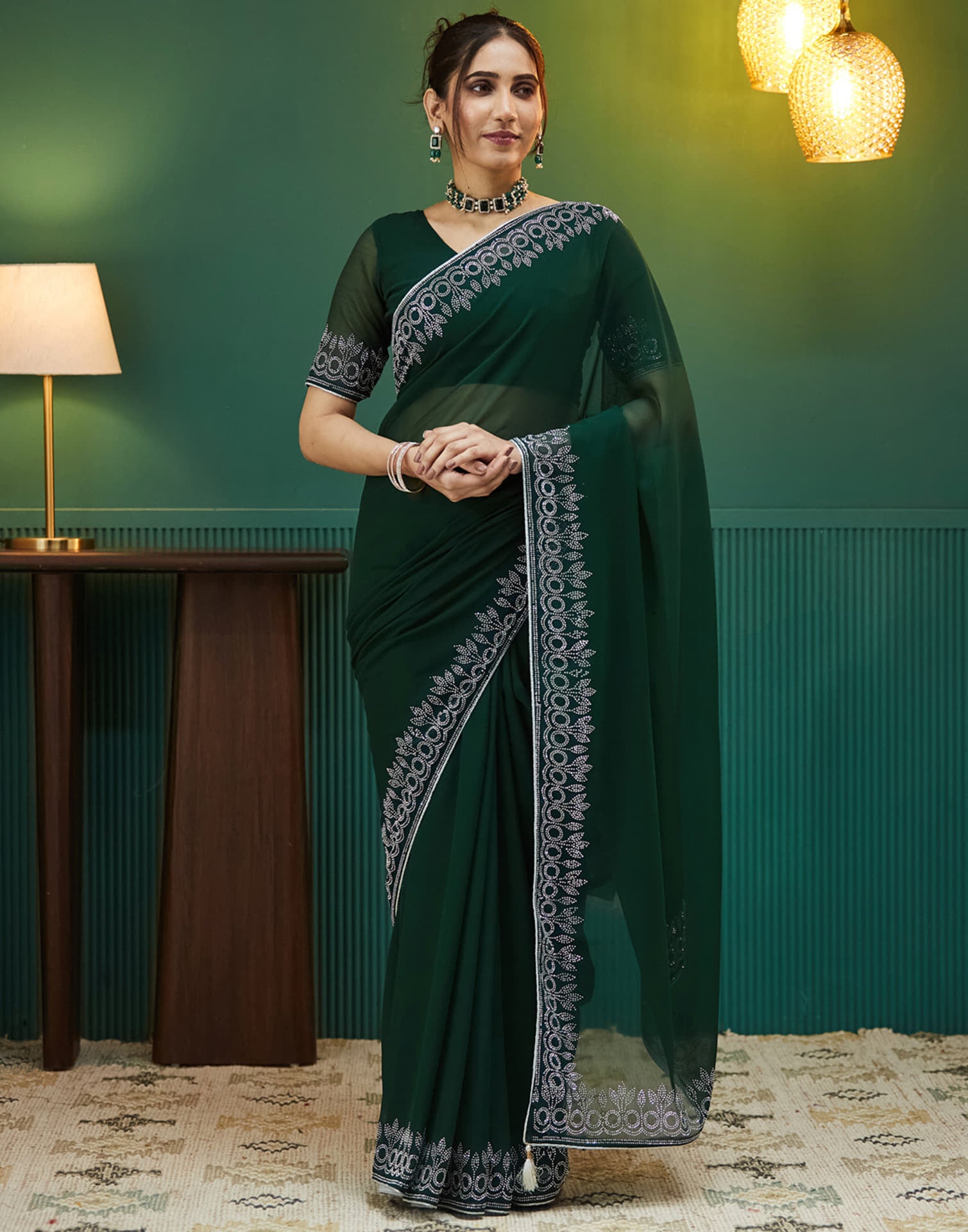 Dark Green Georgette Stone Work Swarovski Saree