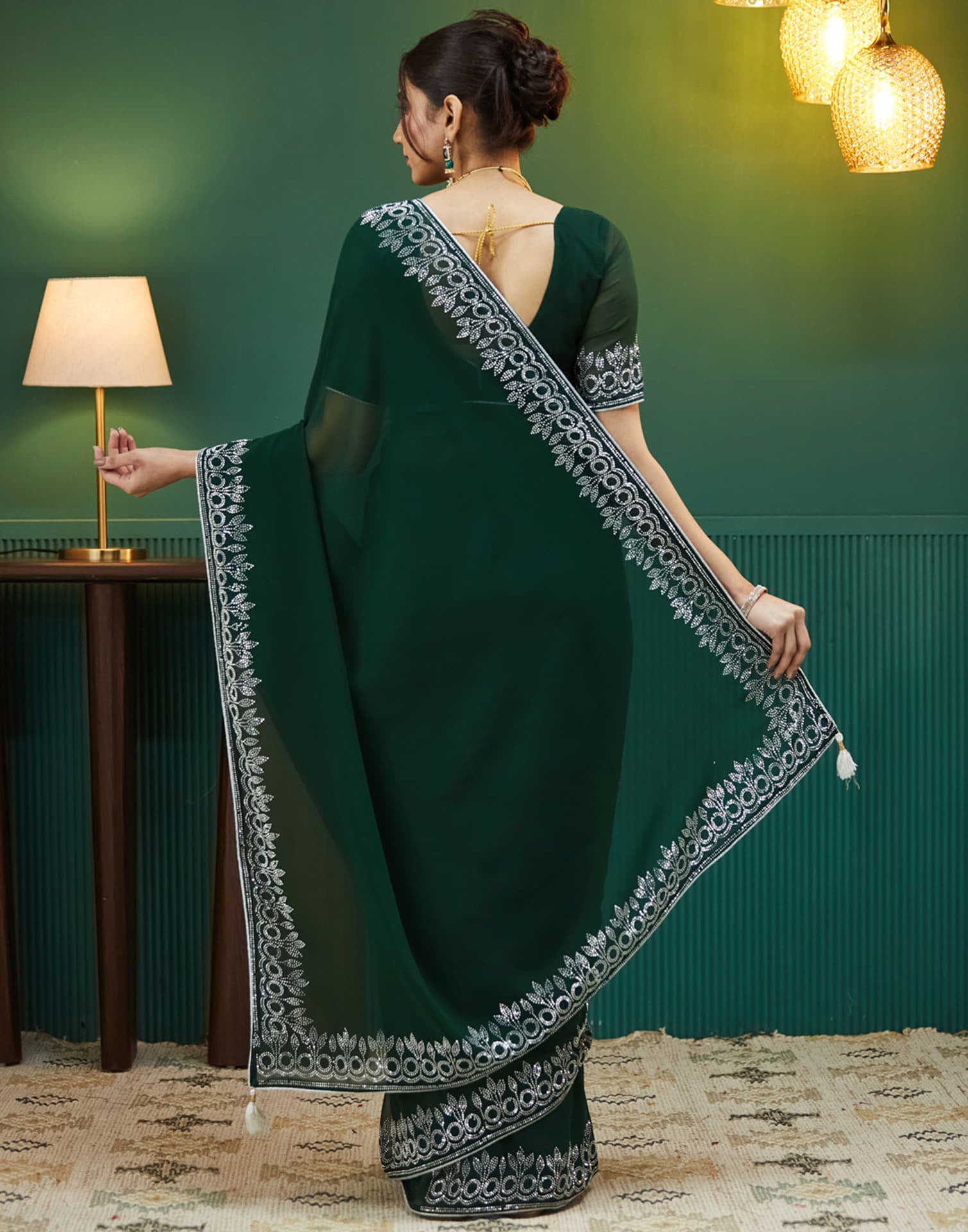 Dark Green Georgette Stone Work Swarovski Saree