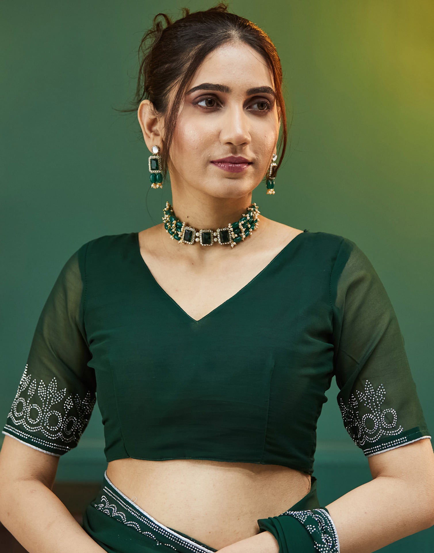 Dark Green Georgette Stone Work Swarovski Saree