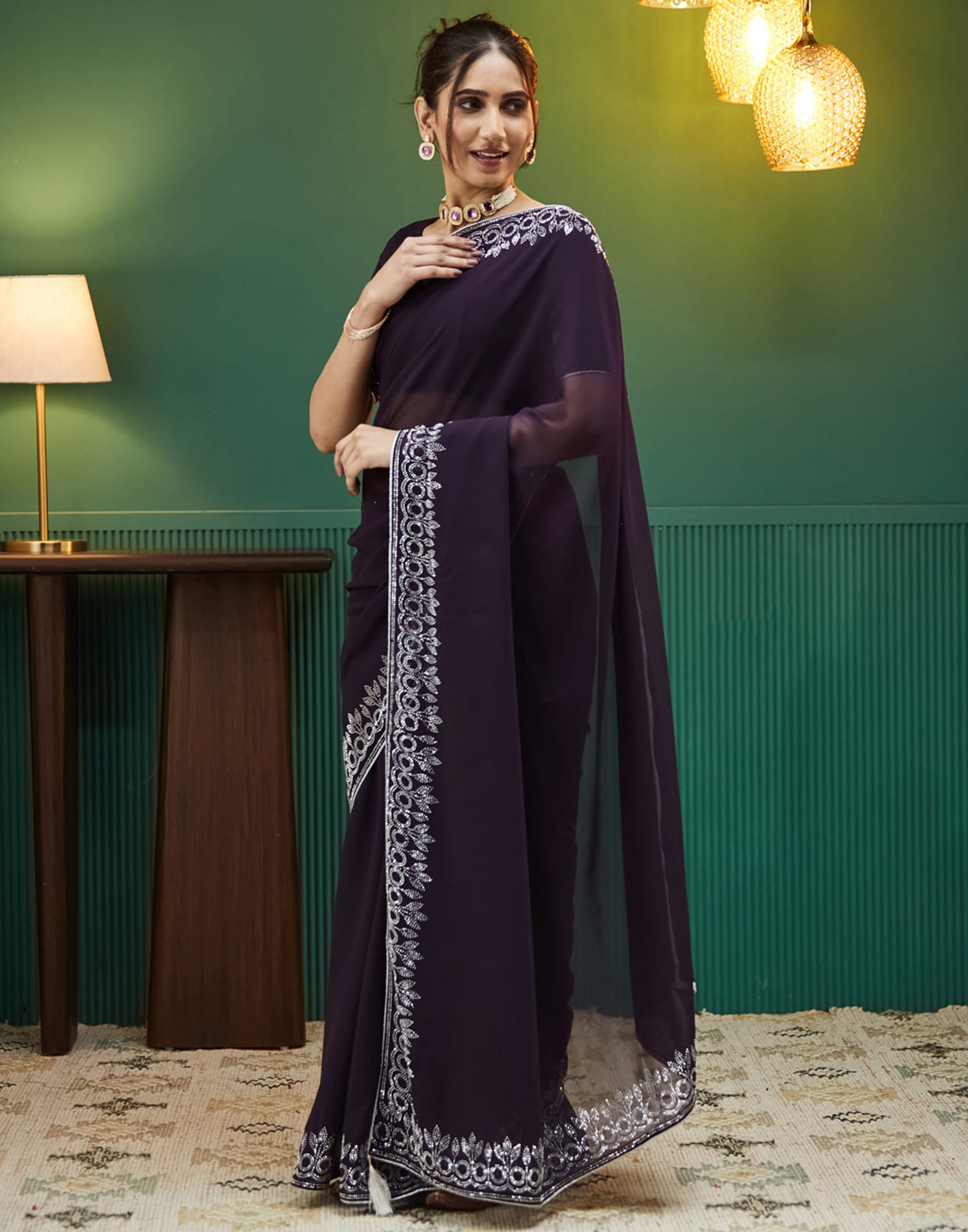 Dark Purple Georgette Stone Work Swarovski Saree
