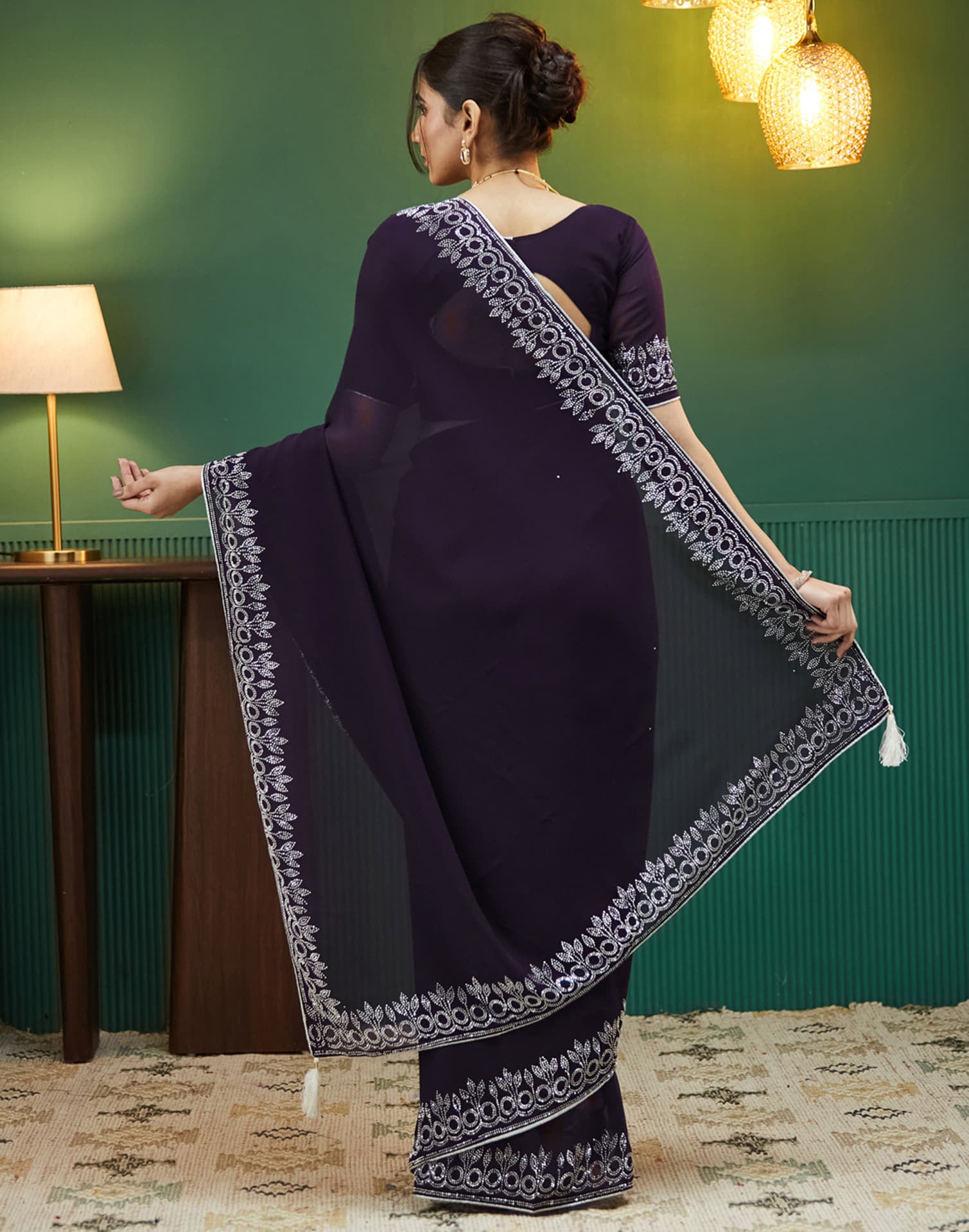 Dark Purple Georgette Stone Work Swarovski Saree