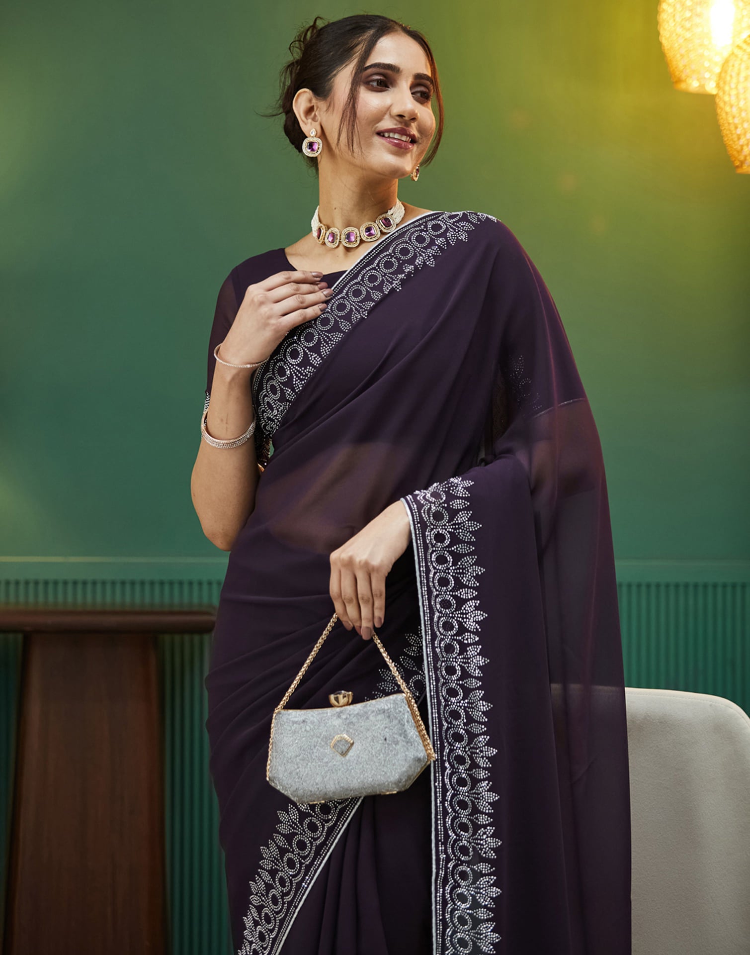 Dark Purple Georgette Stone Work Swarovski Saree