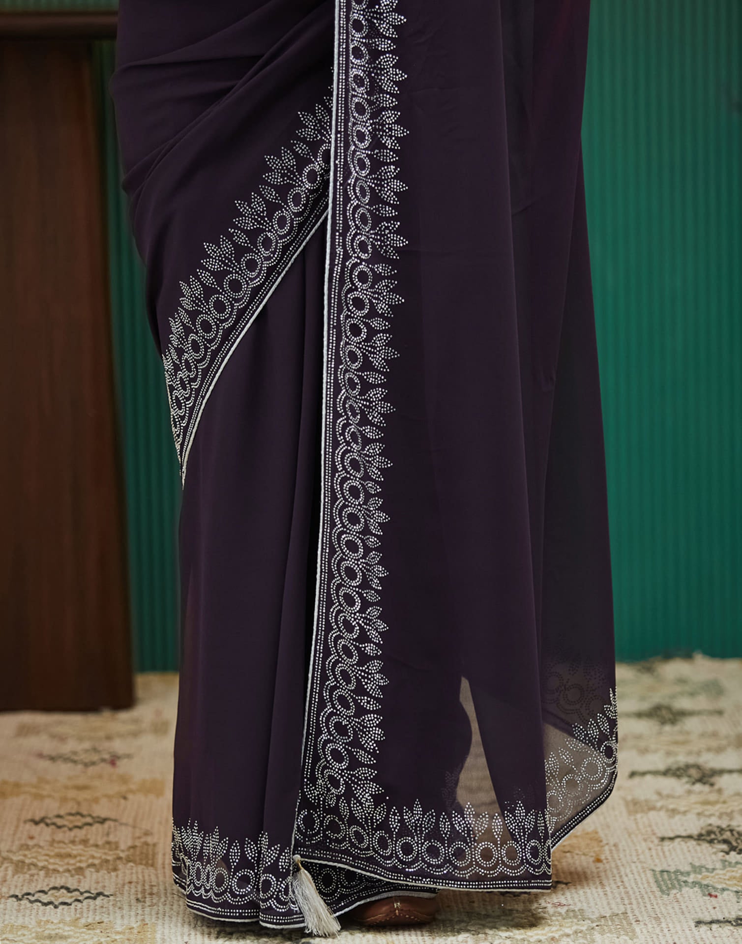 Dark Purple Georgette Stone Work Swarovski Saree