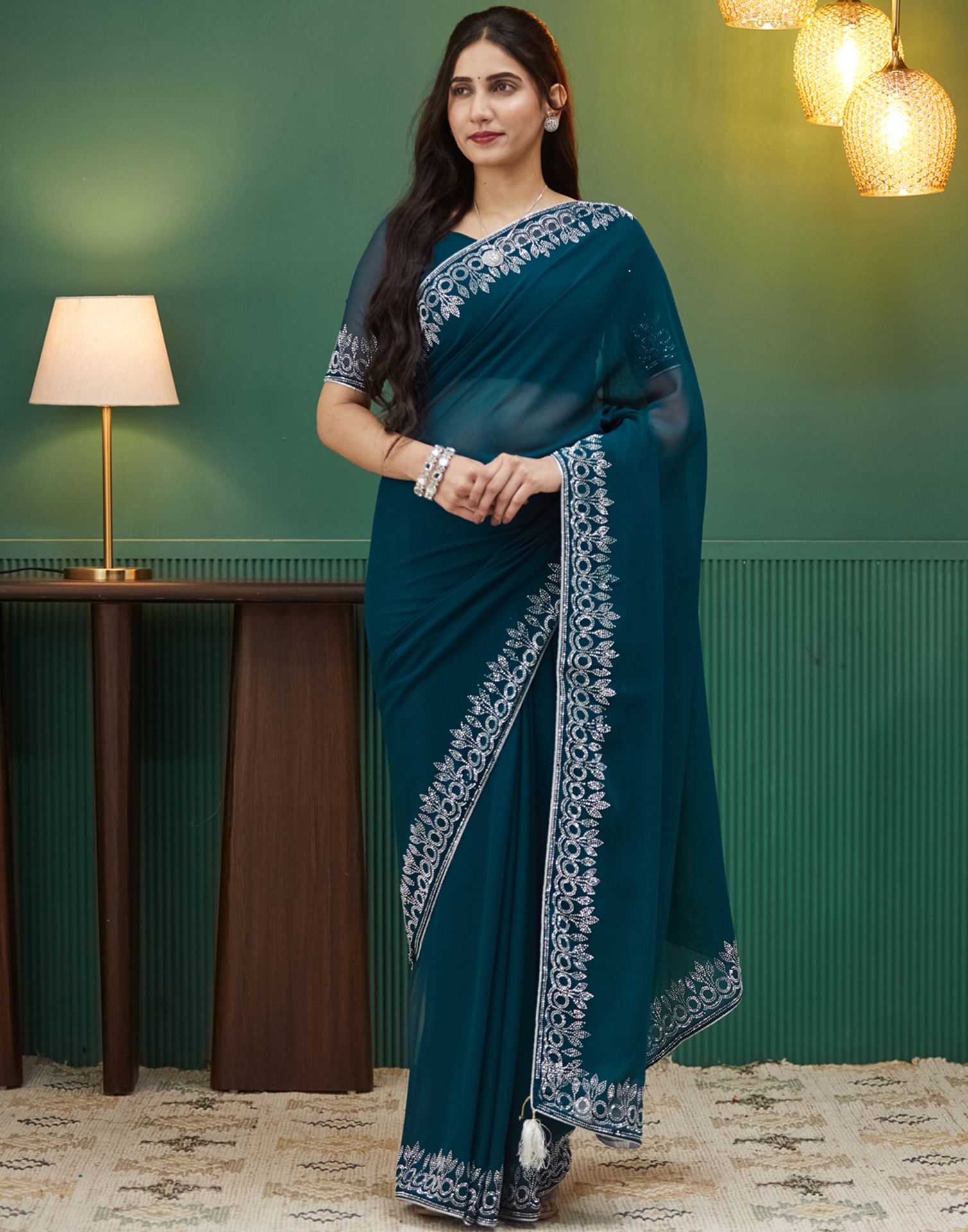 Rama Blue Georgette Stone Work Swarovski Saree