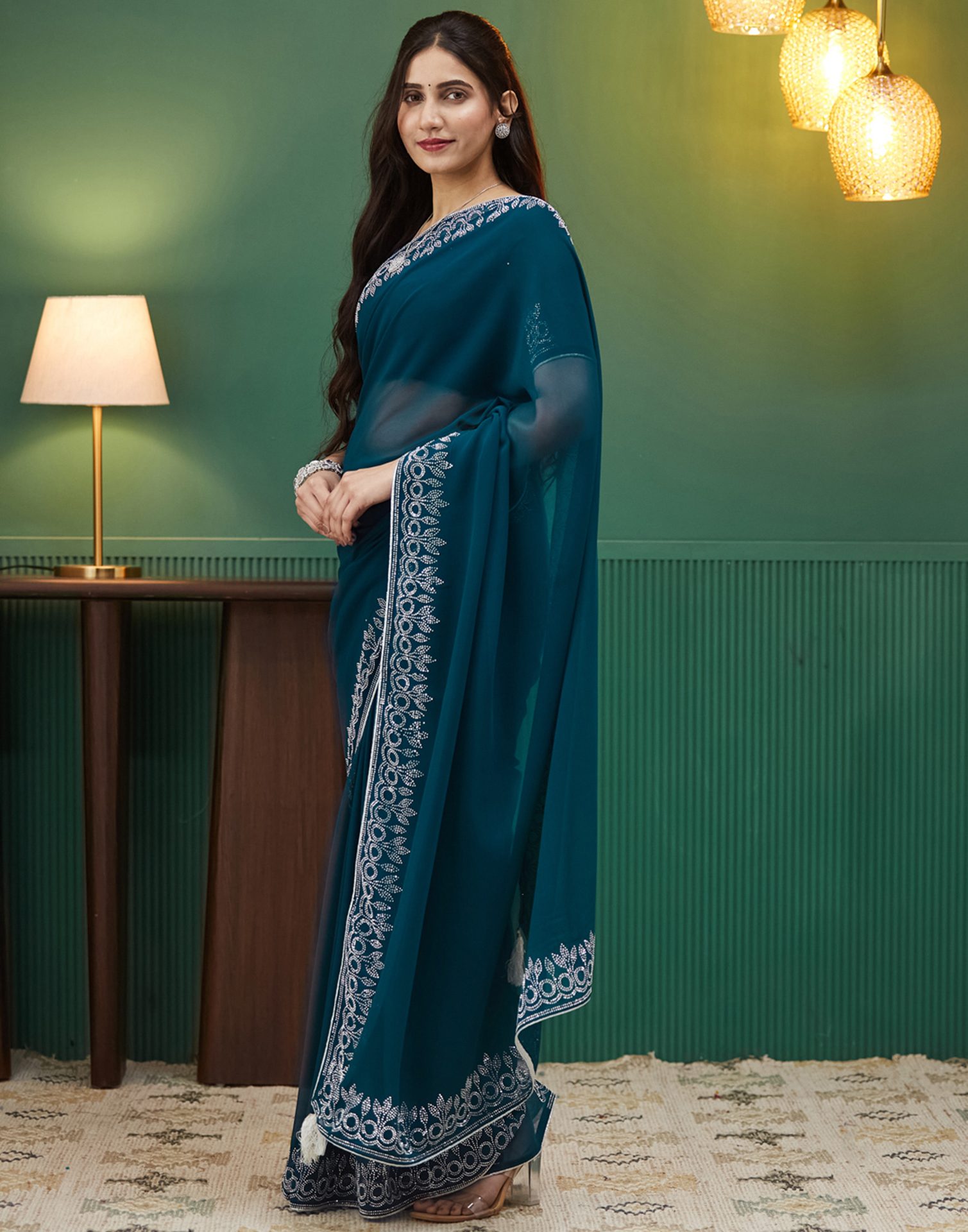 Rama Blue Georgette Stone Work Swarovski Saree