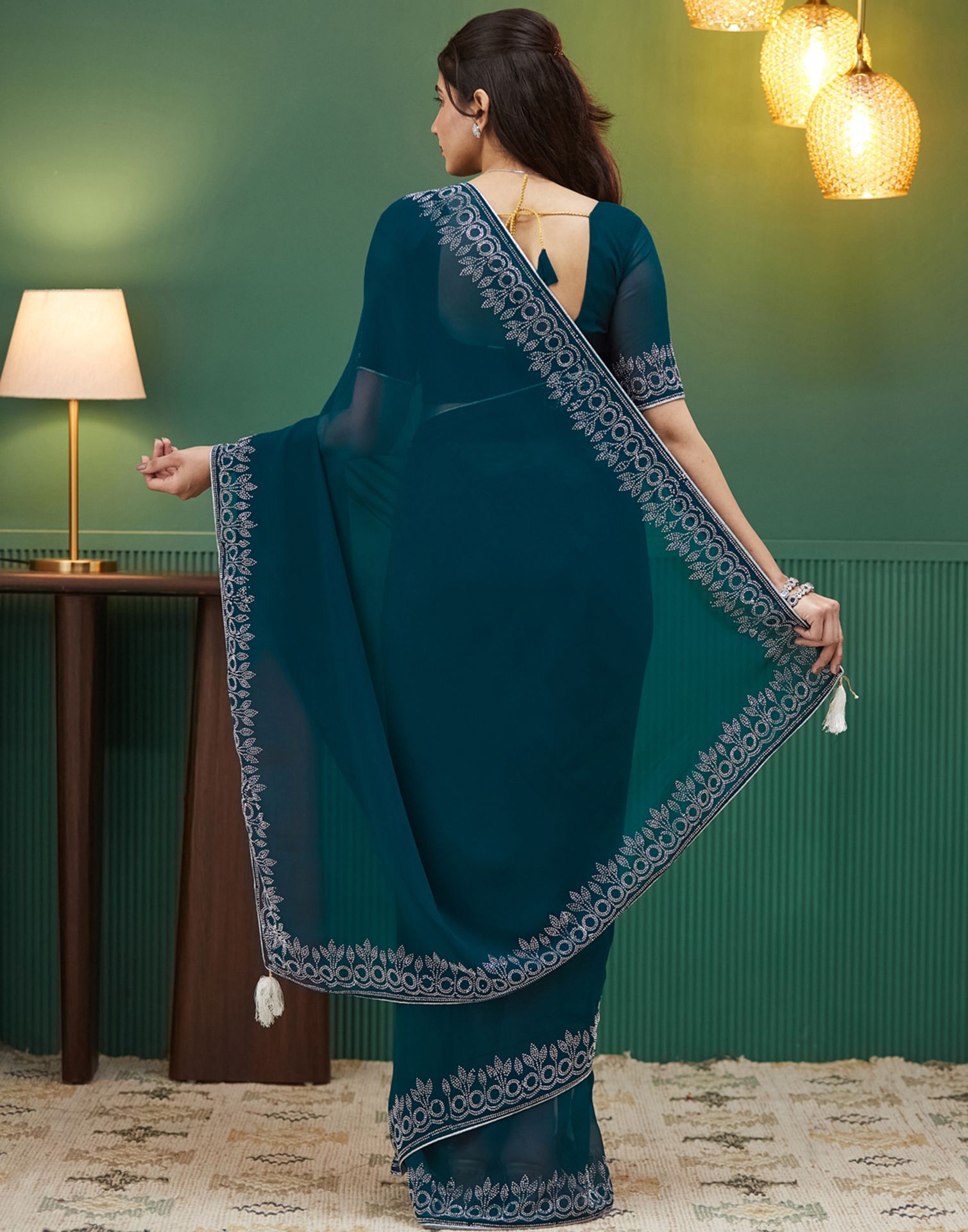 Rama Blue Georgette Stone Work Swarovski Saree