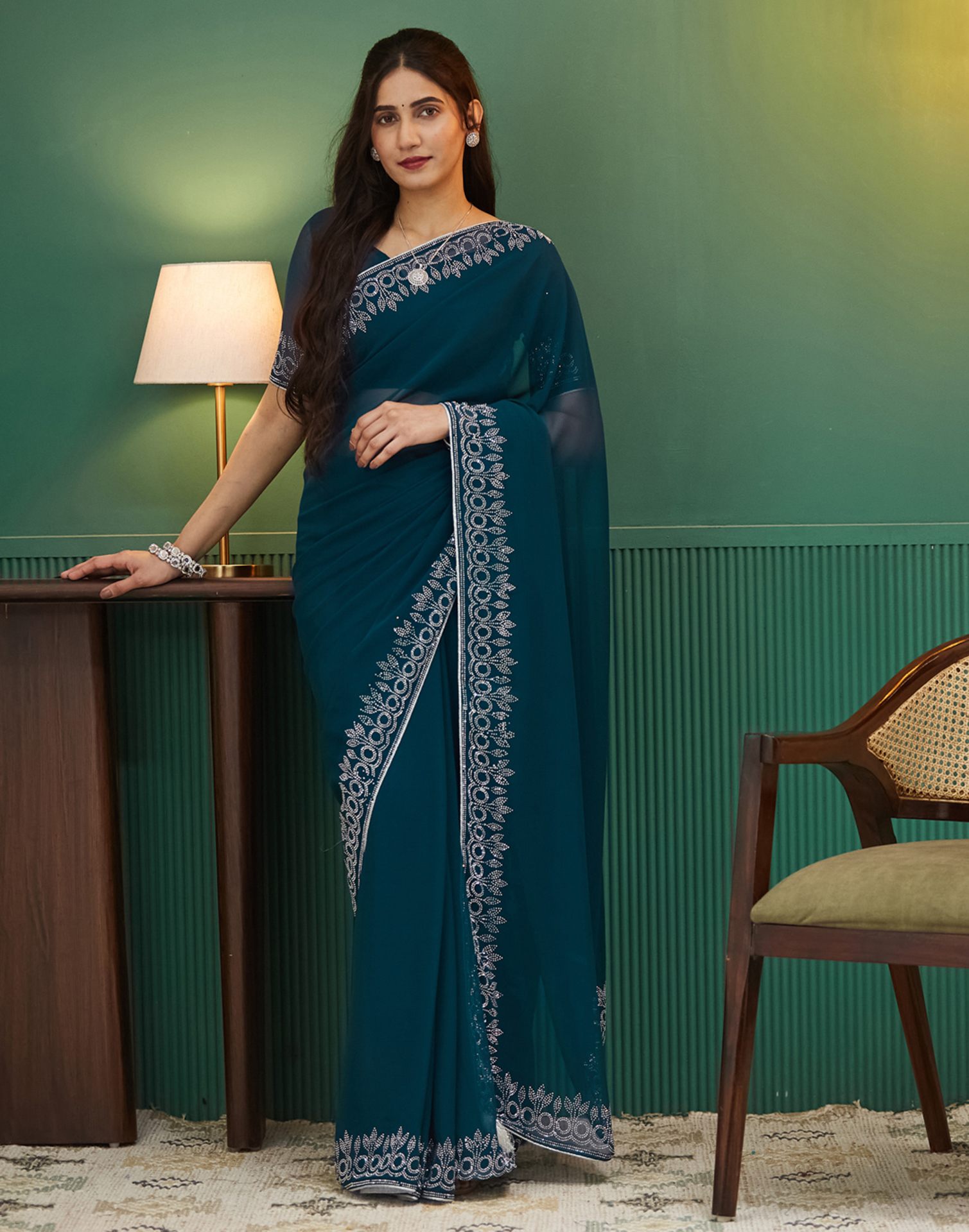 Rama Blue Georgette Stone Work Swarovski Saree
