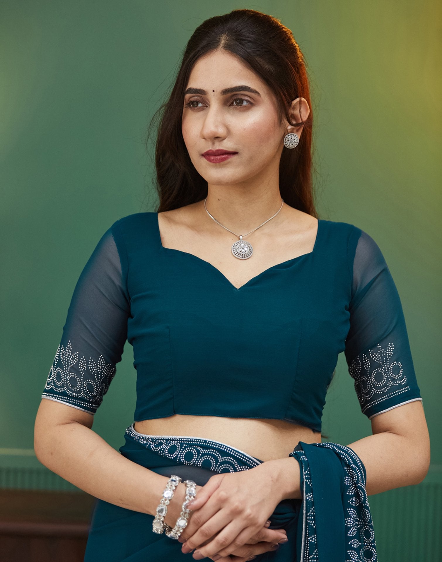Rama Blue Georgette Stone Work Swarovski Saree