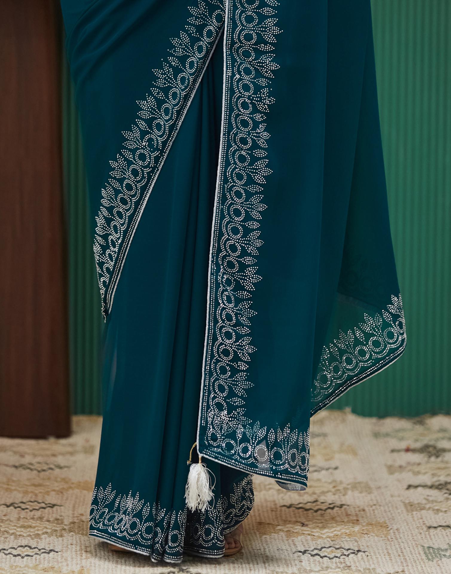 Rama Blue Georgette Stone Work Swarovski Saree
