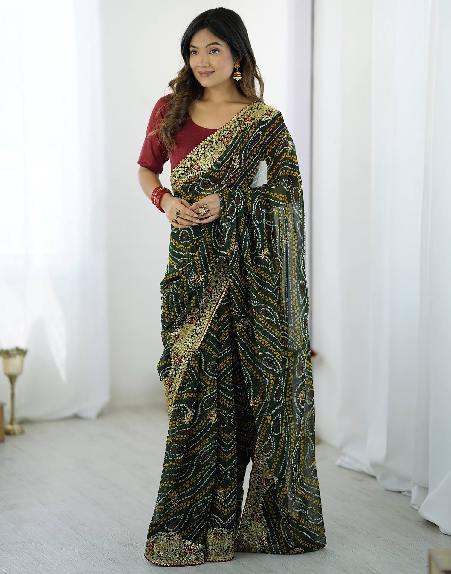 Green Georgette Lace Bandhani Saree
