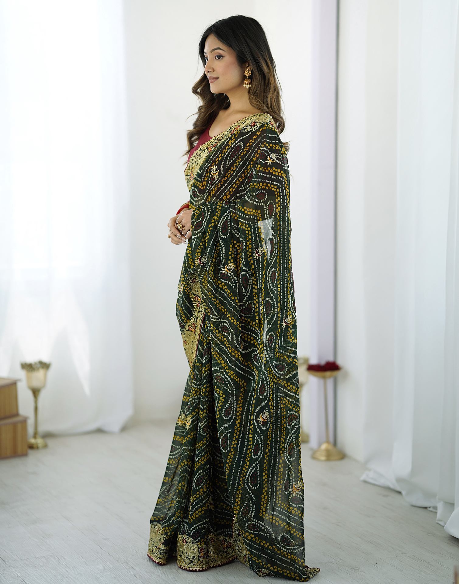 Green Georgette Lace Bandhani Saree