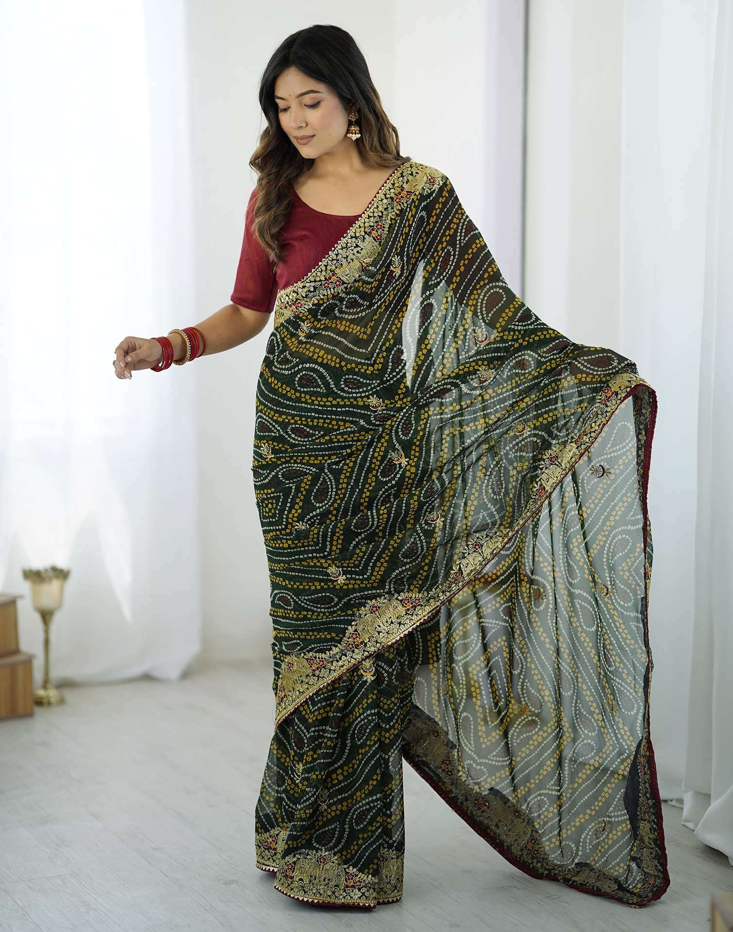 Green Georgette Lace Bandhani Saree