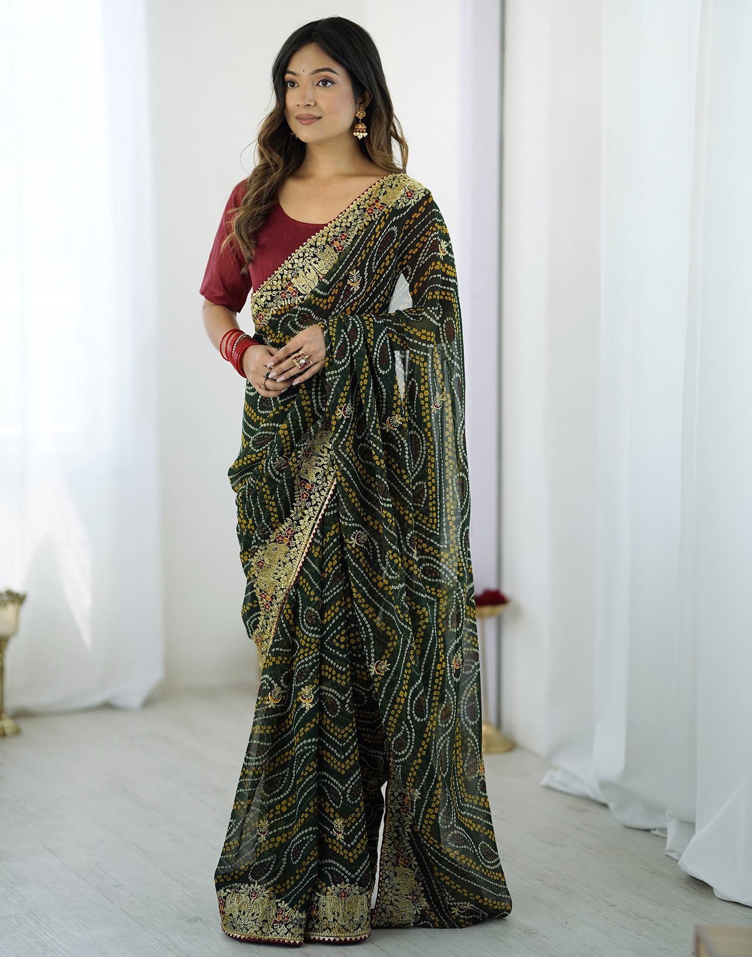 Green Georgette Lace Bandhani Saree