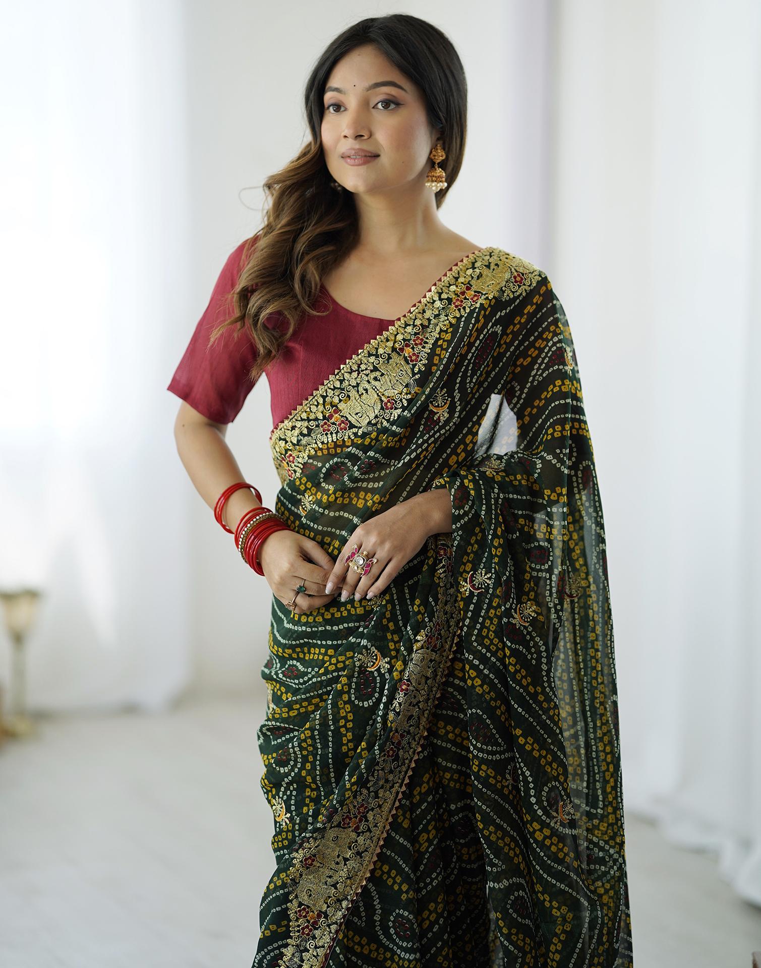 Green Georgette Lace Bandhani Saree