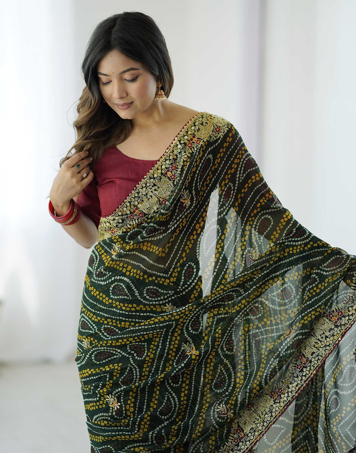 Green Georgette Lace Bandhani Saree