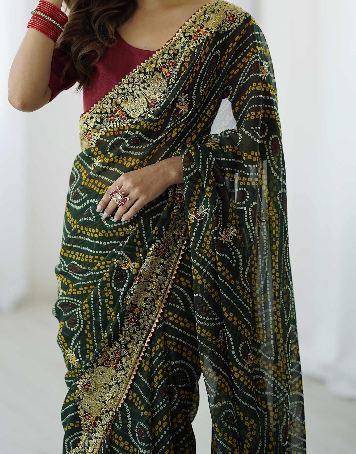Green Georgette Lace Bandhani Saree