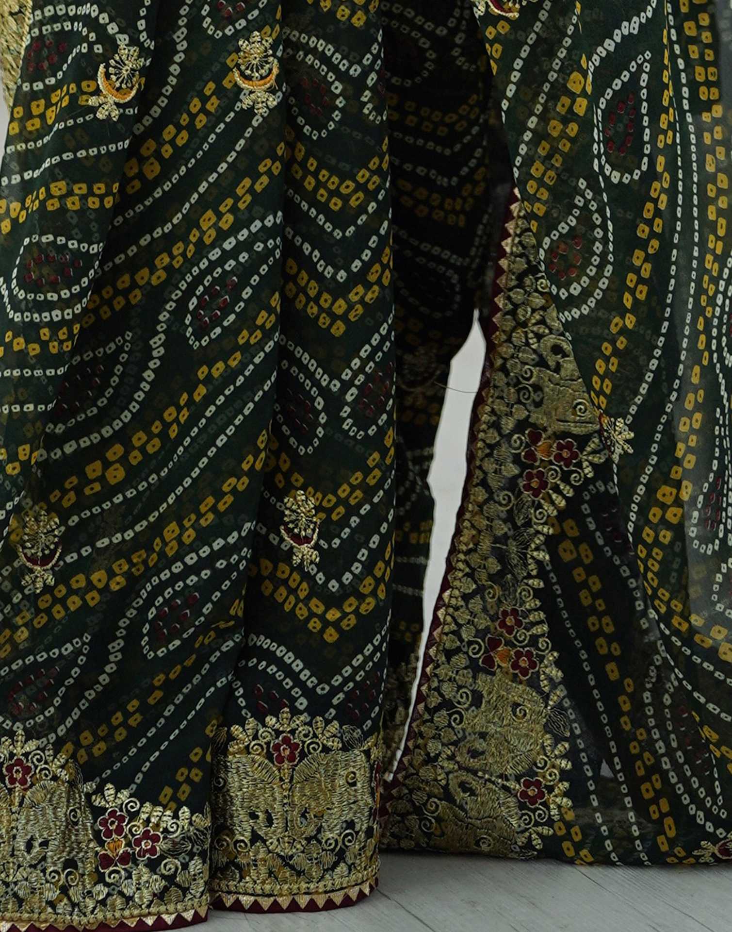 Green Georgette Lace Bandhani Saree