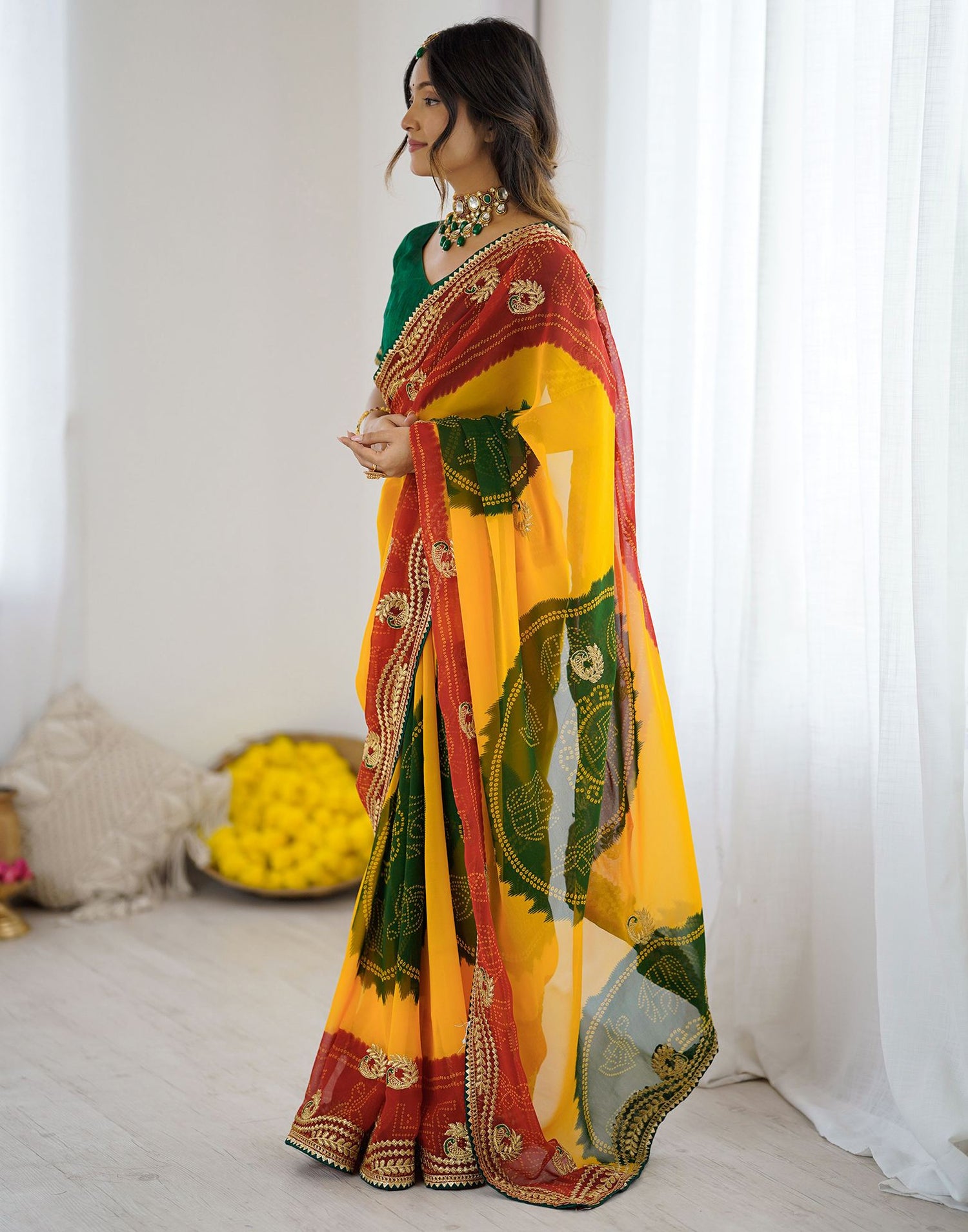 Yellow Georgette Printed Bandhani Saree