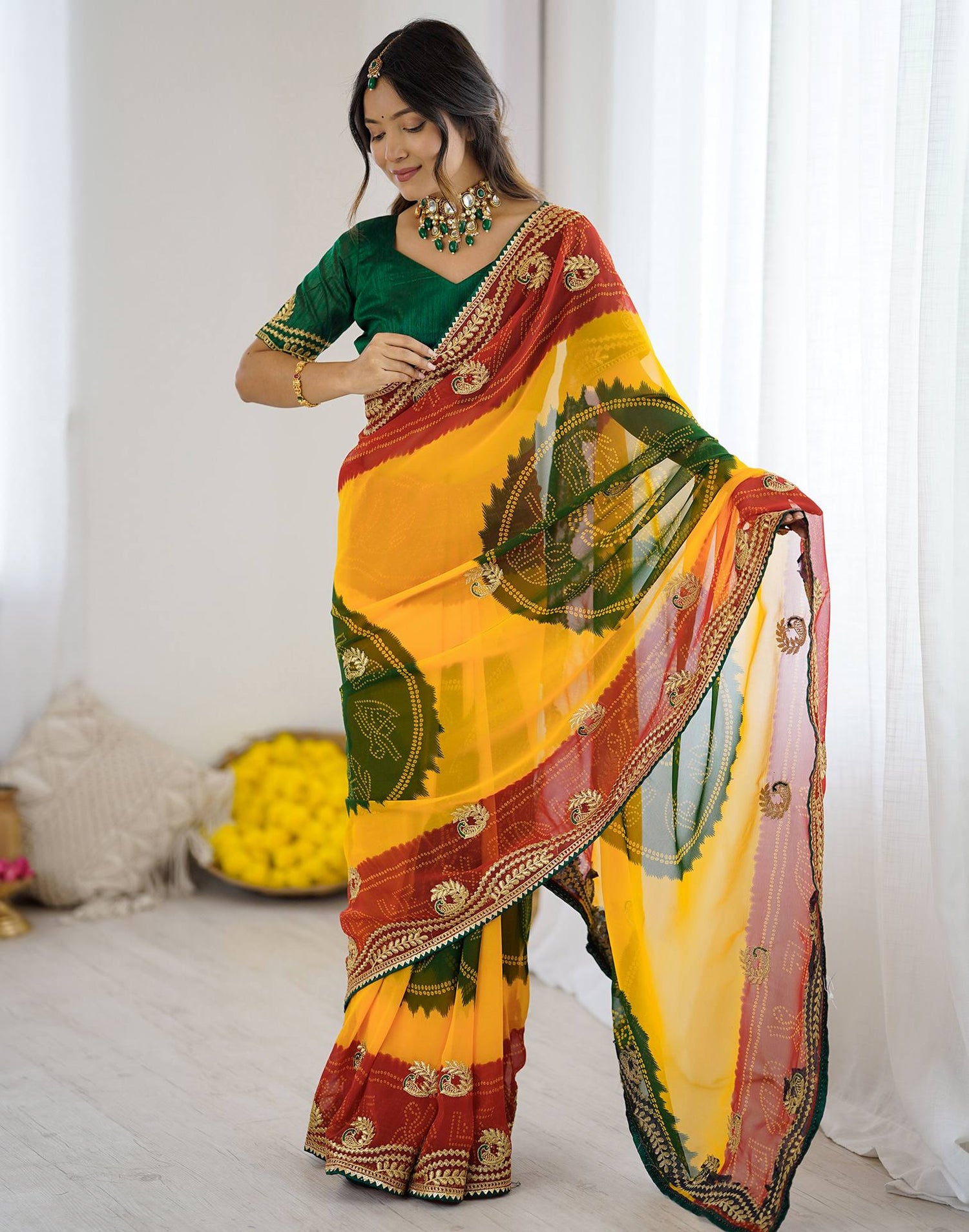 Yellow Georgette Printed Bandhani Saree