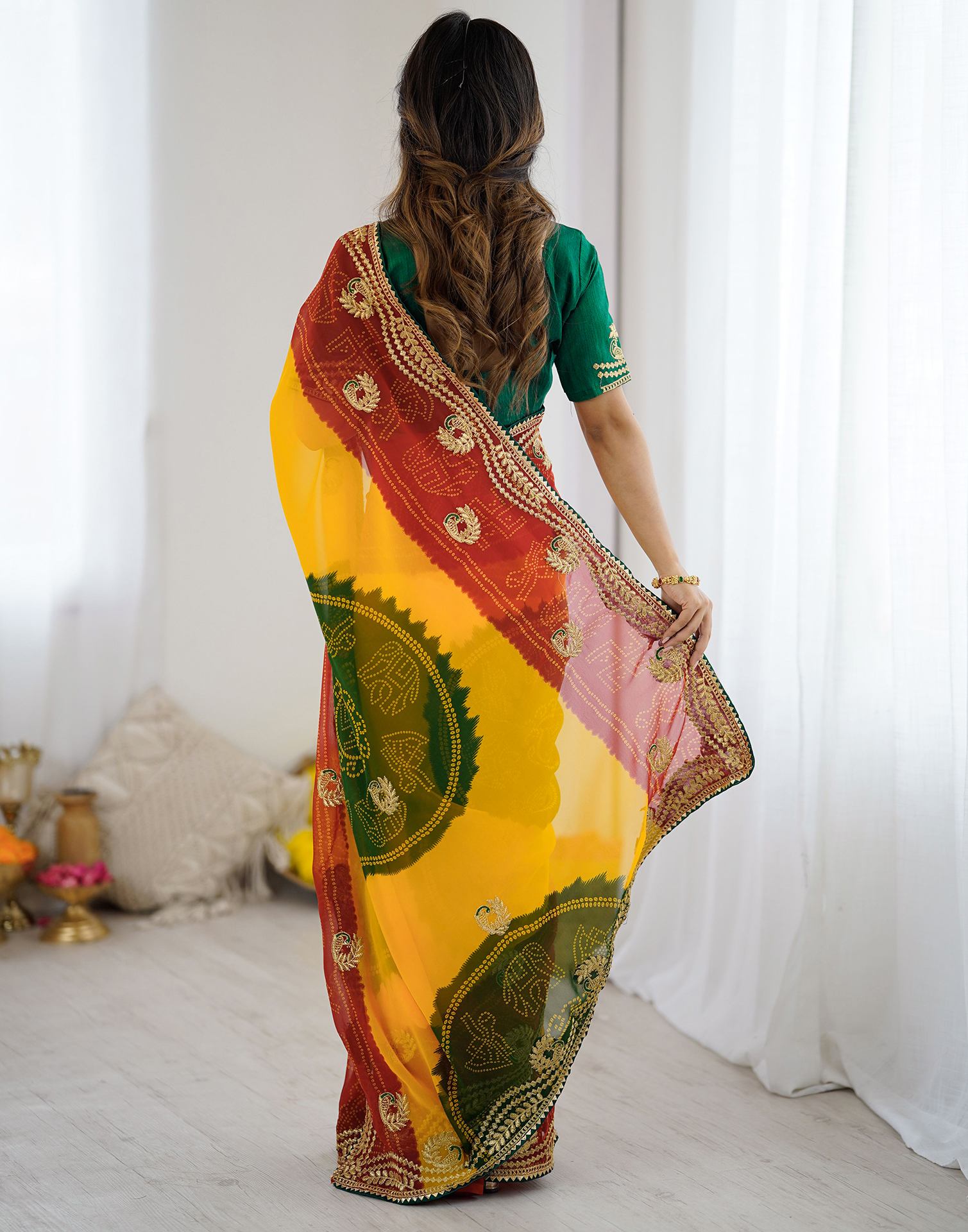 Yellow Georgette Printed Bandhani Saree