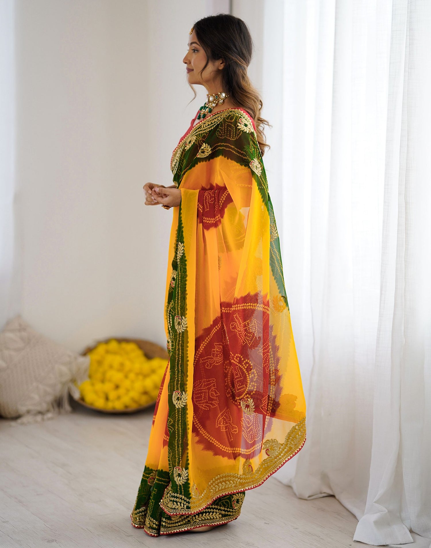 Yellow Georgette Printed Bandhani Saree