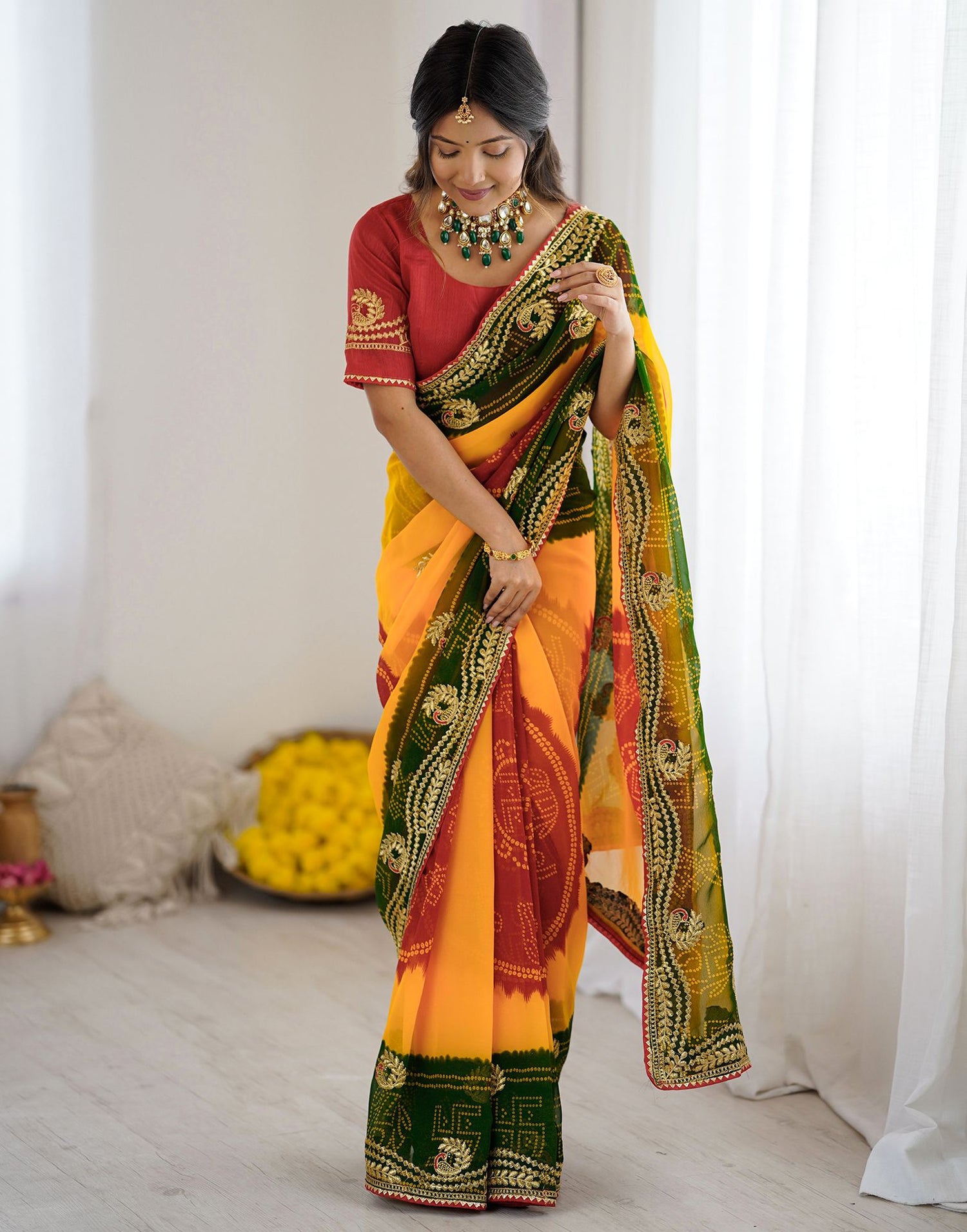 Yellow Georgette Printed Bandhani Saree