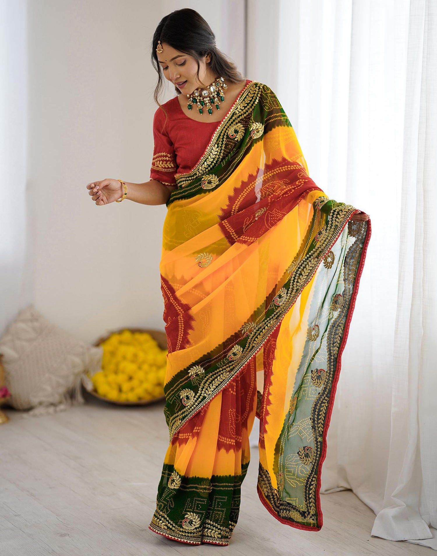 Yellow Georgette Printed Bandhani Saree