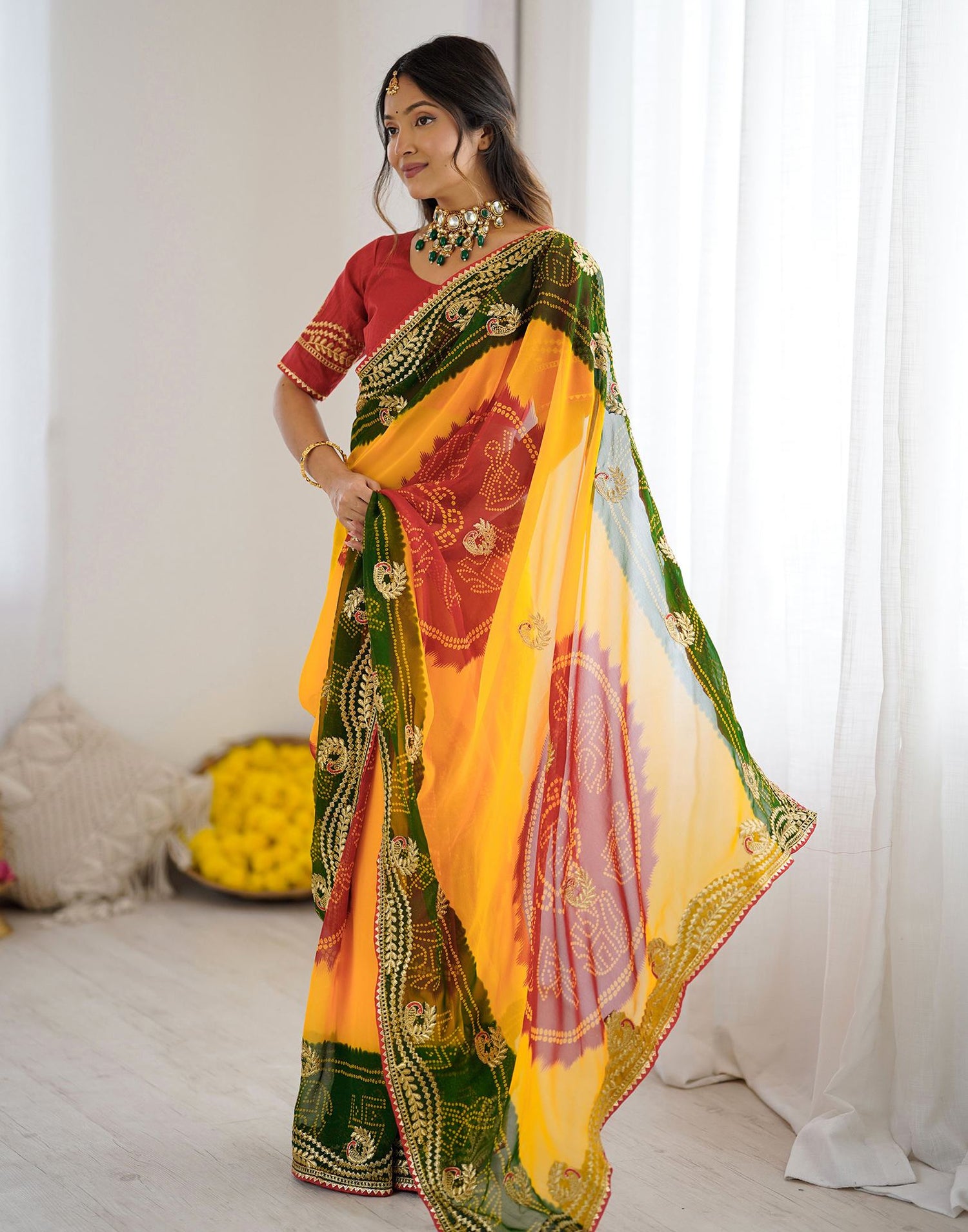 Yellow Georgette Printed Bandhani Saree