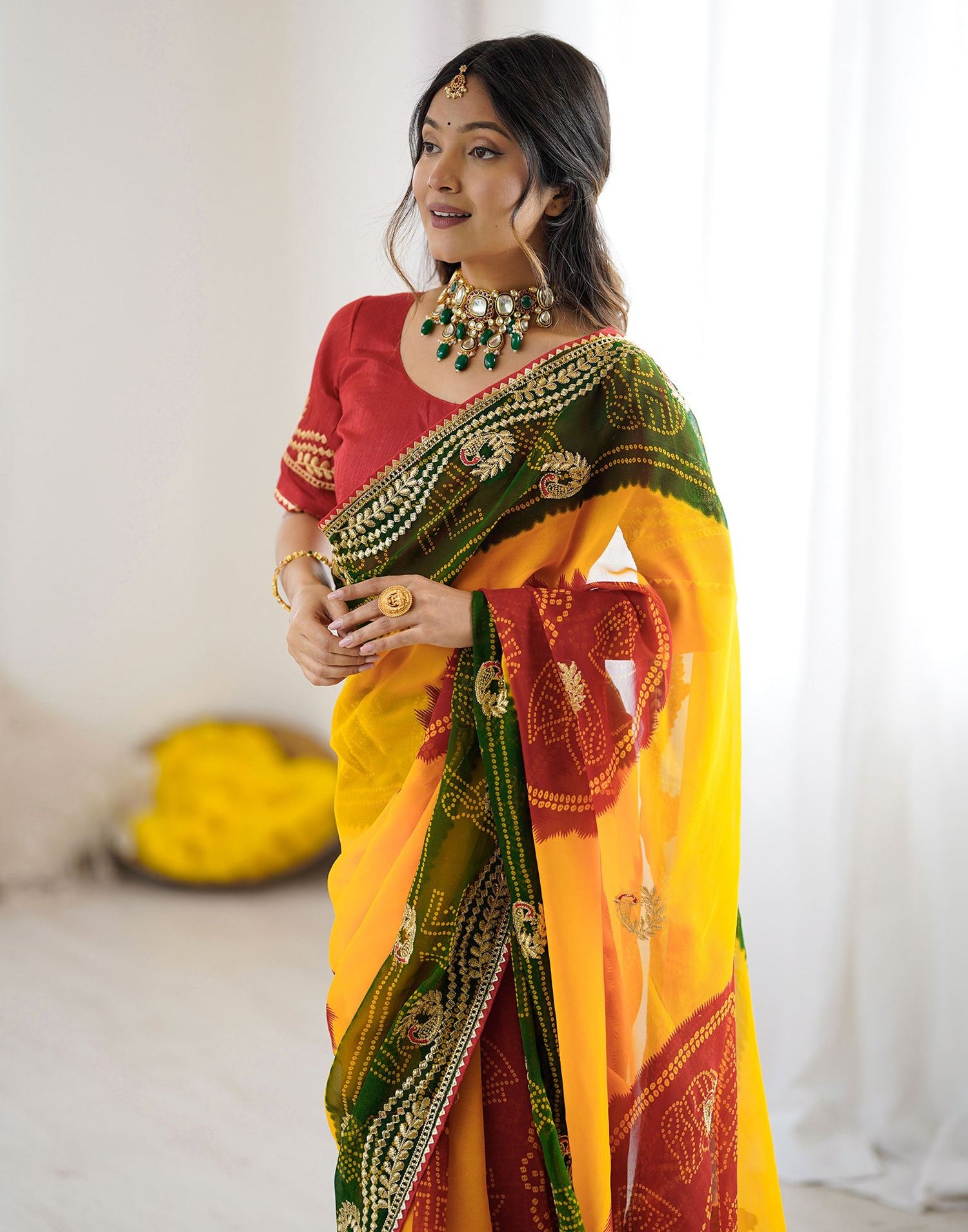 Yellow Georgette Printed Bandhani Saree