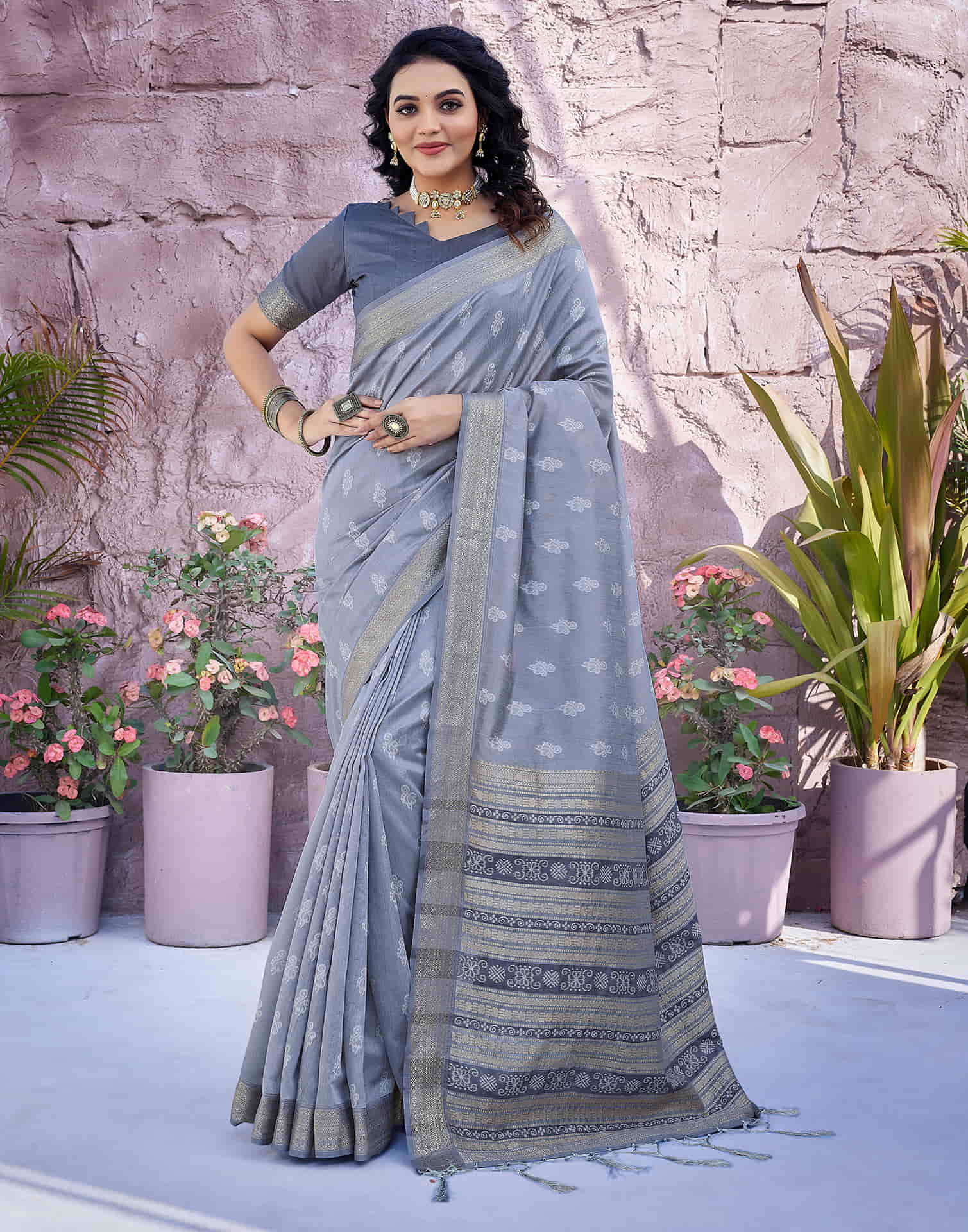Steel Grey Silk Woven Banarasi Saree