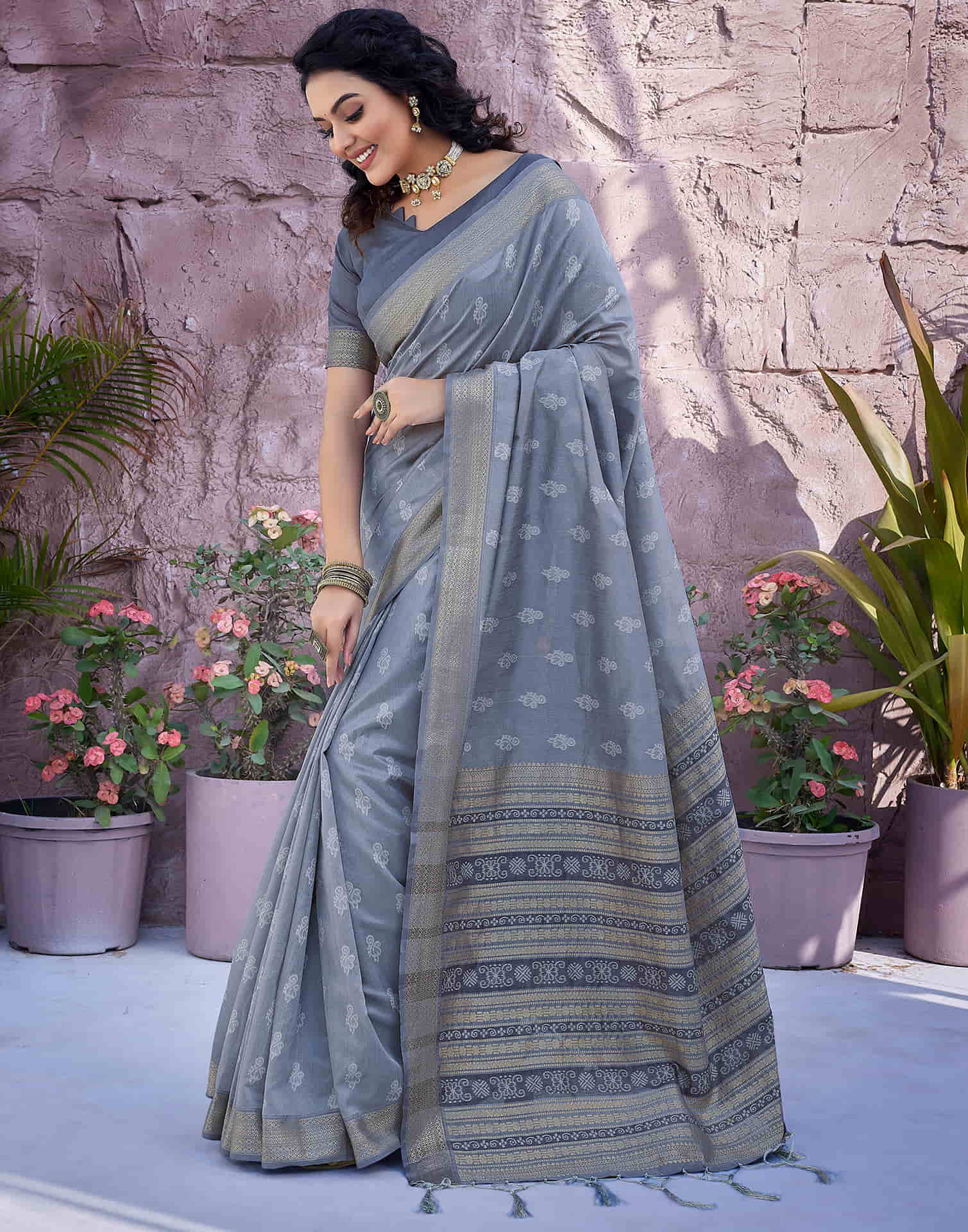 Steel Grey Silk Woven Banarasi Saree
