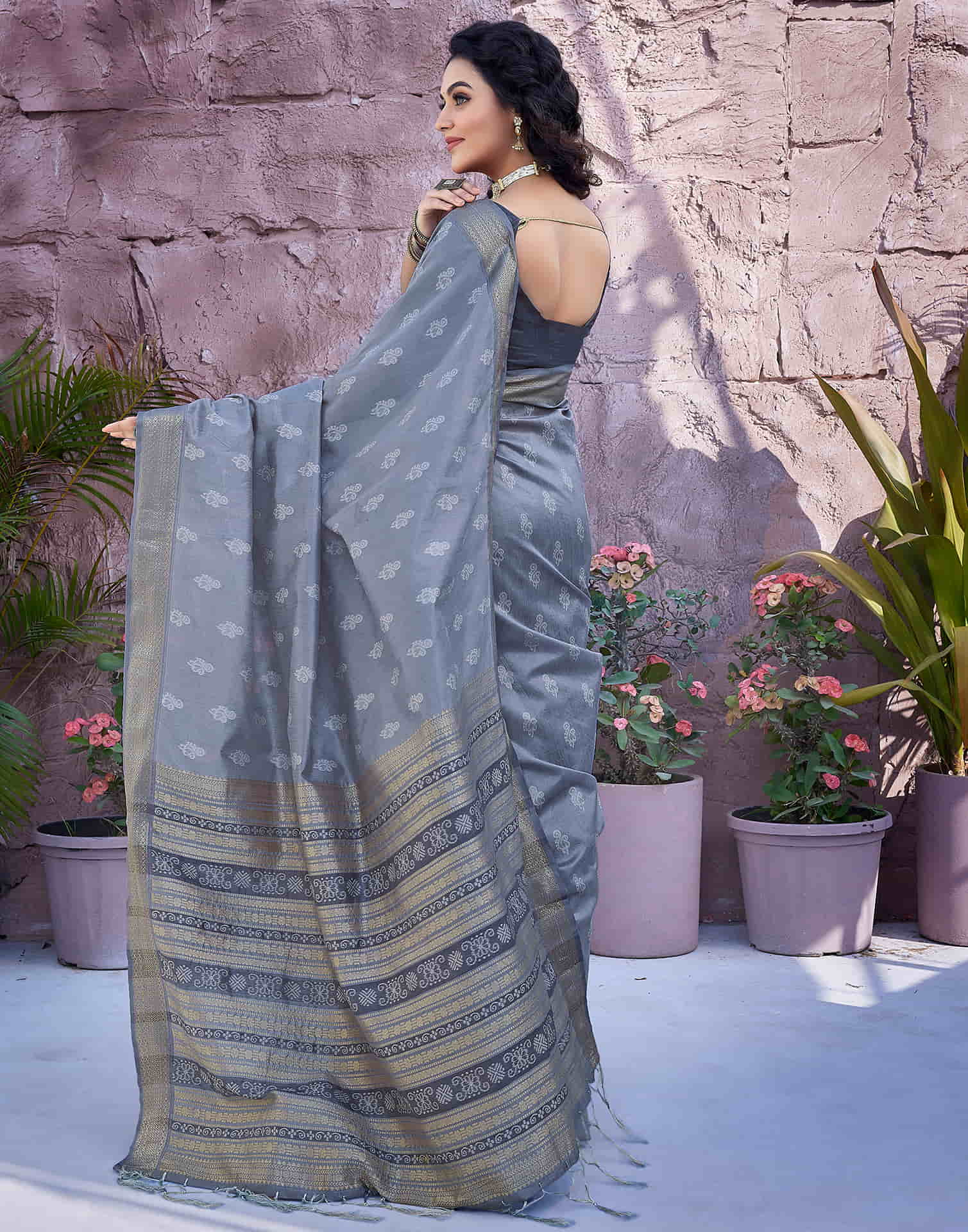 Steel Grey Silk Woven Banarasi Saree
