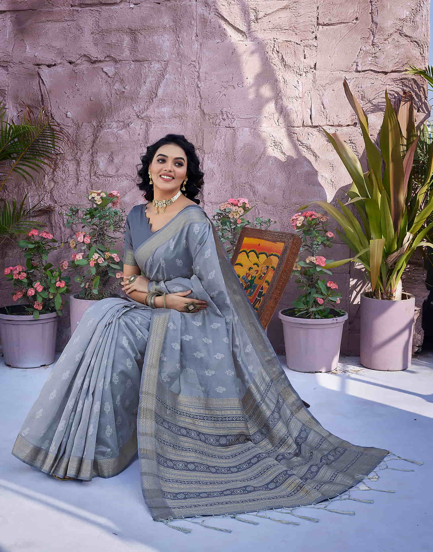 Steel Grey Silk Woven Banarasi Saree