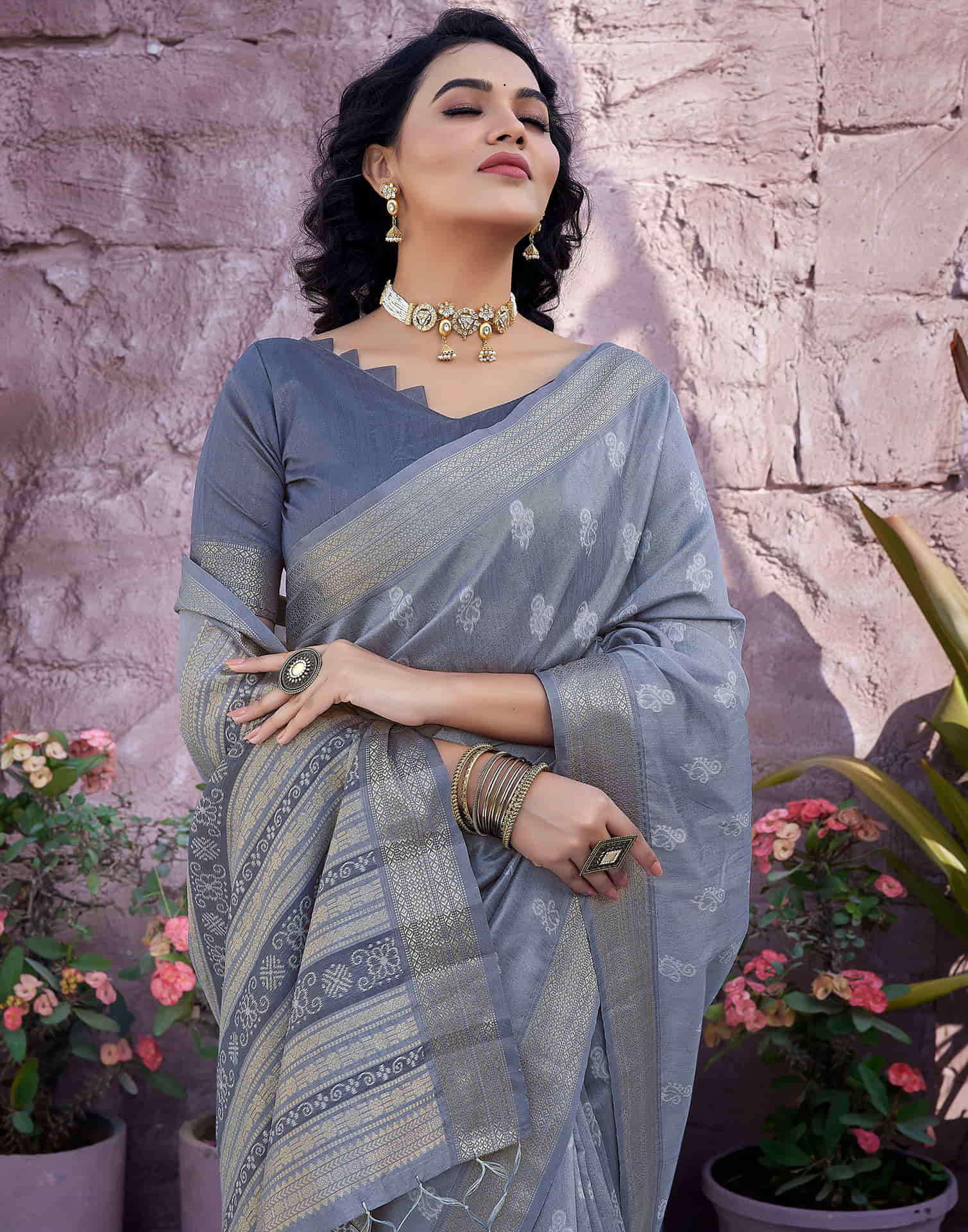 Steel Grey Silk Woven Banarasi Saree
