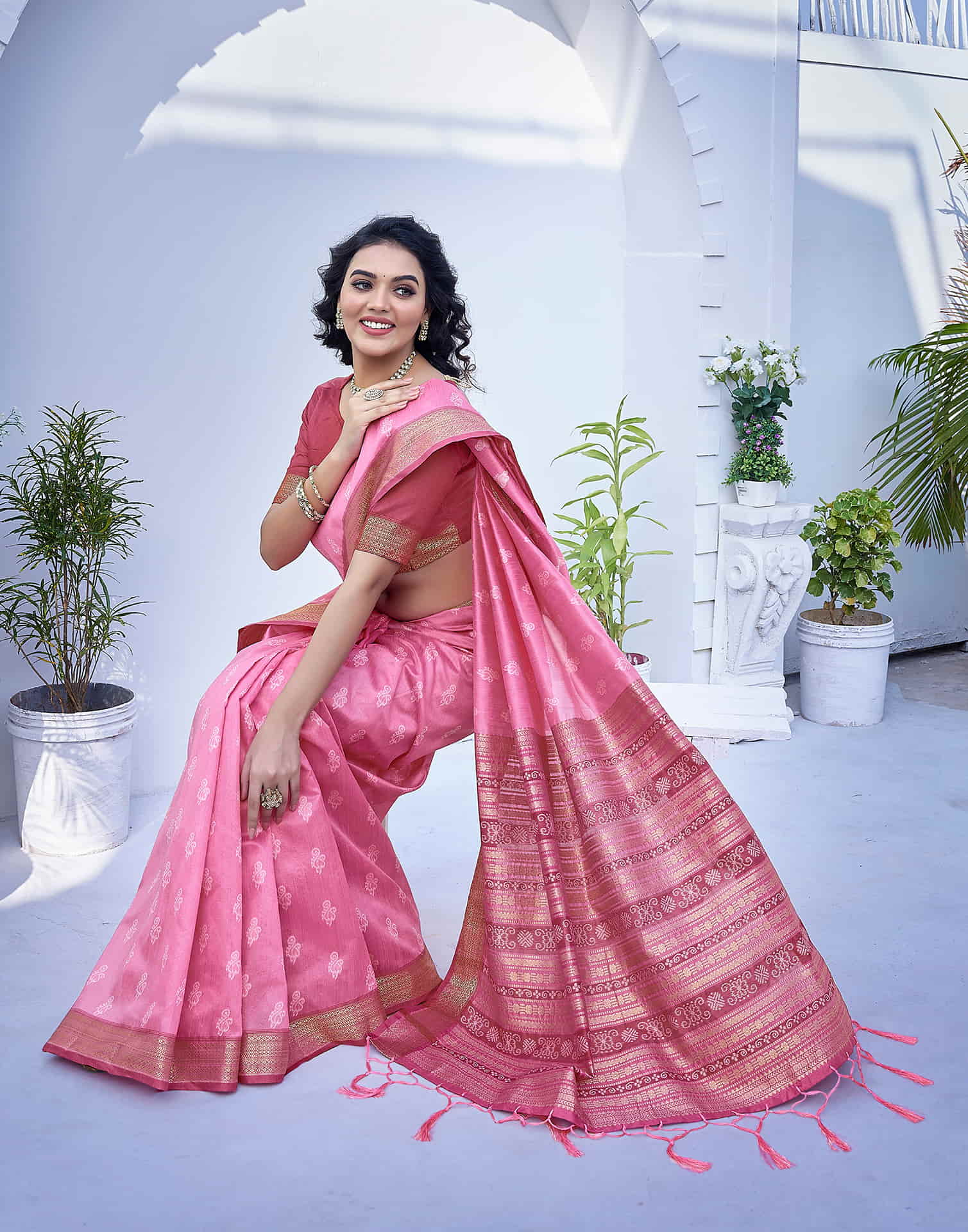 Pink Silk Woven Banarasi Saree