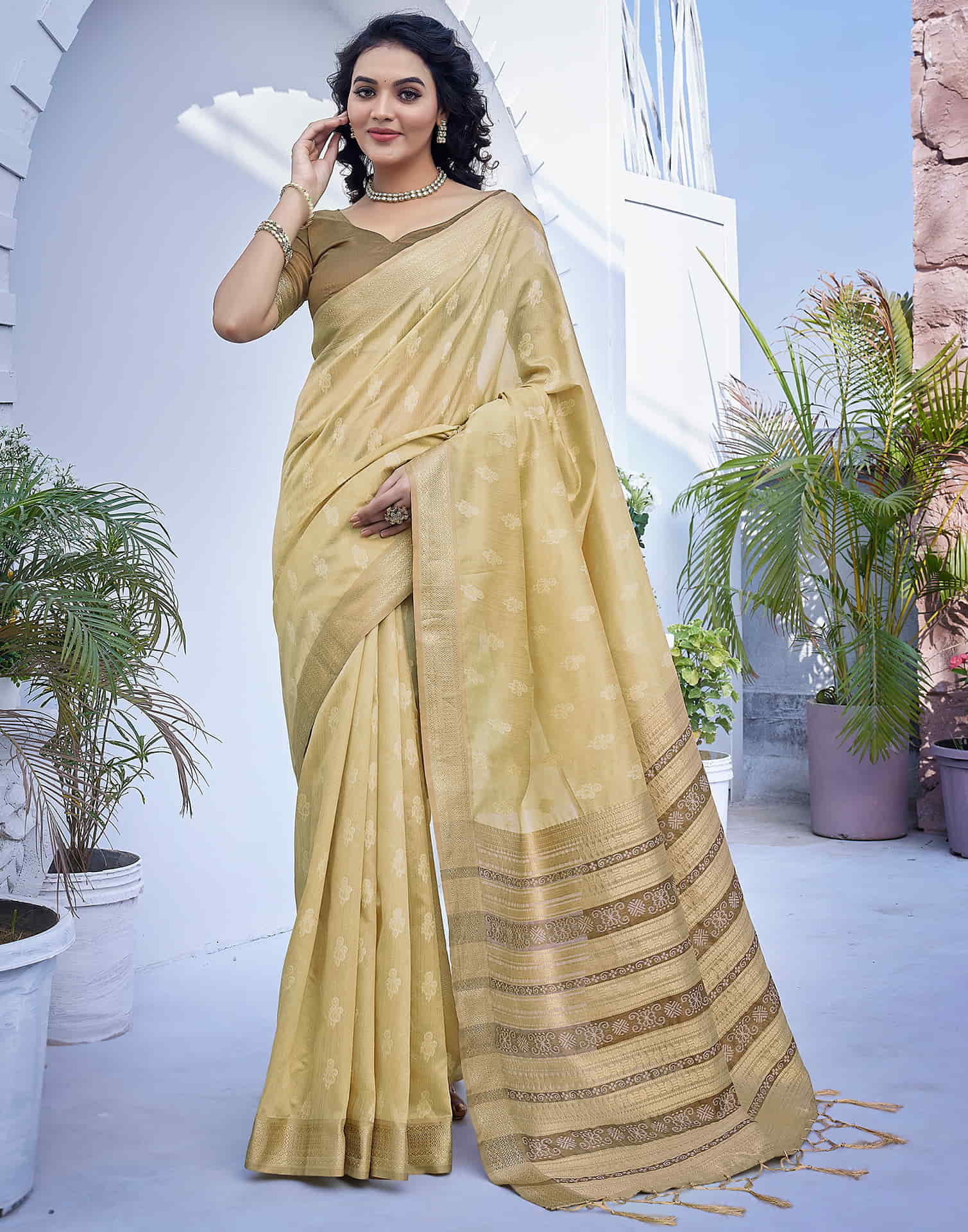 Beige Silk Woven Banarasi Saree