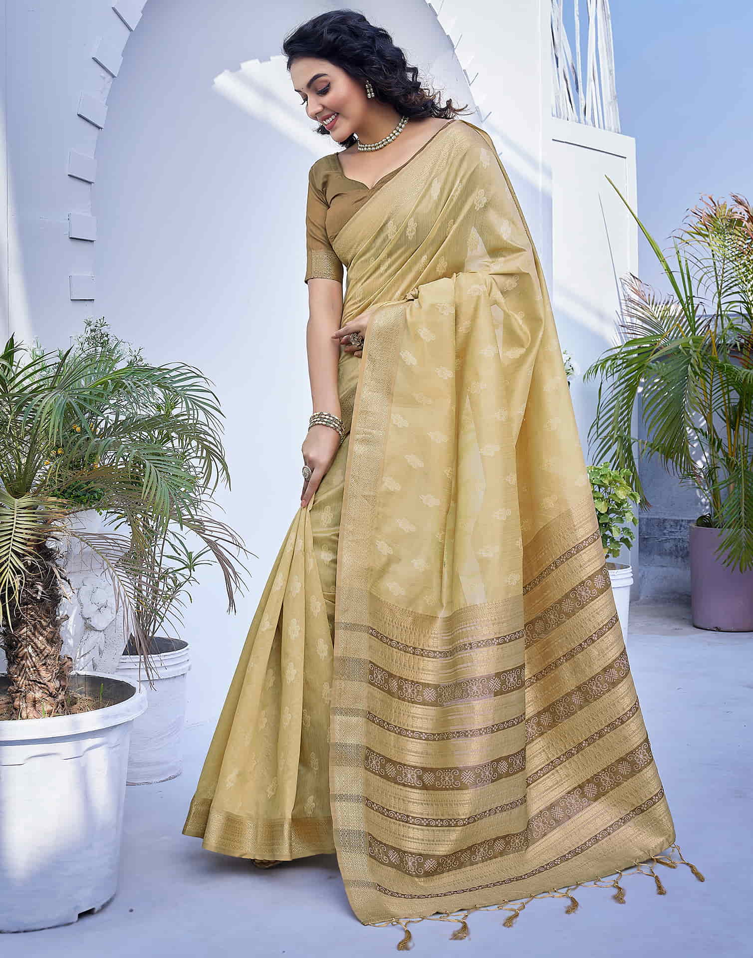 Beige Silk Woven Banarasi Saree