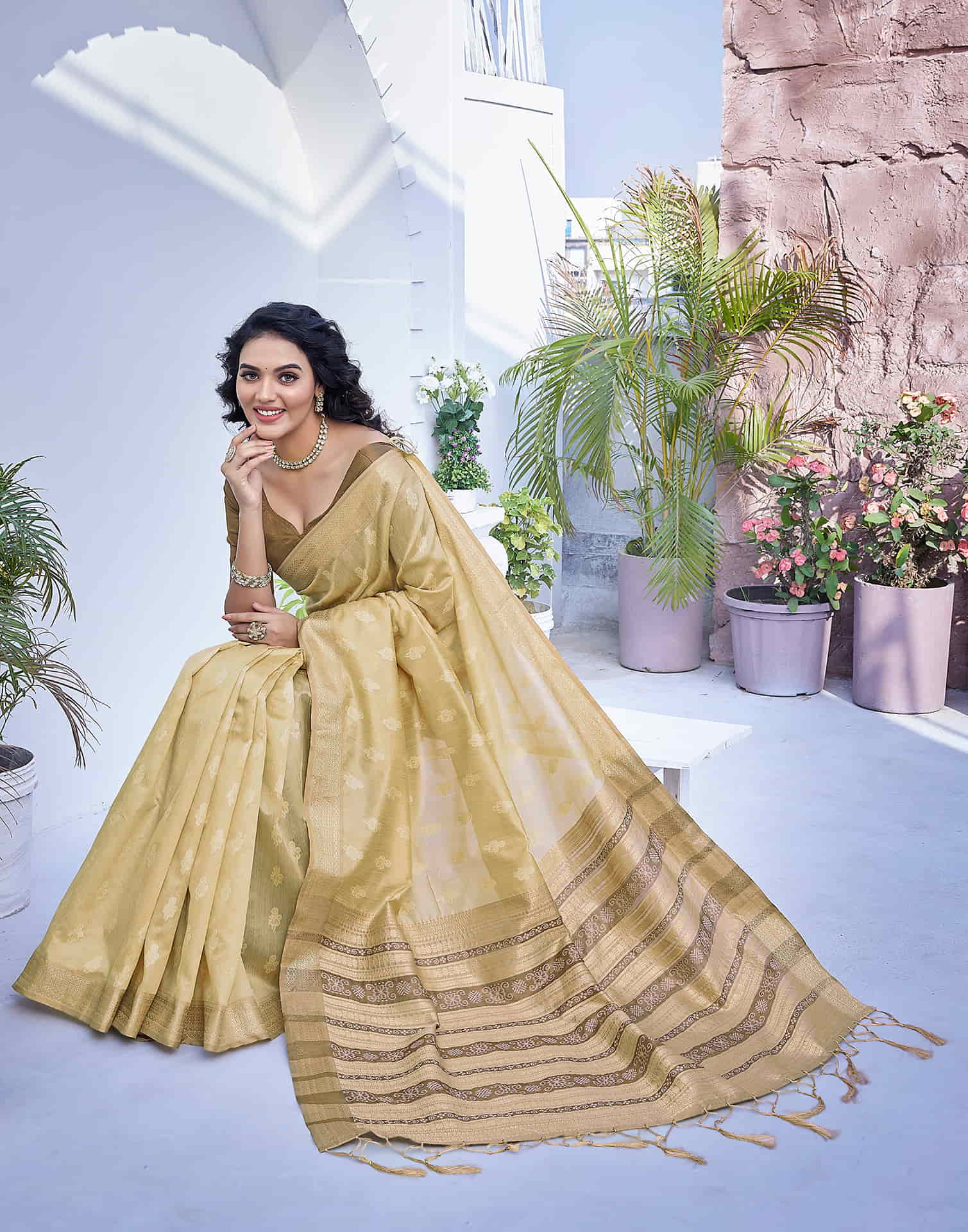 Beige Silk Woven Banarasi Saree