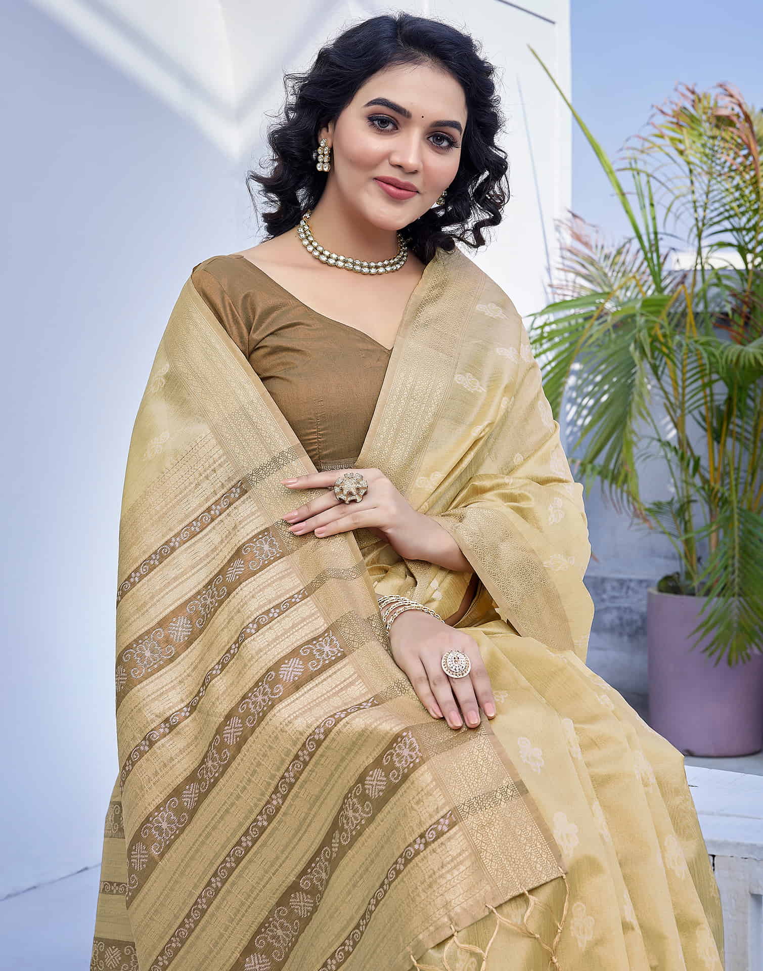 Beige Silk Woven Banarasi Saree
