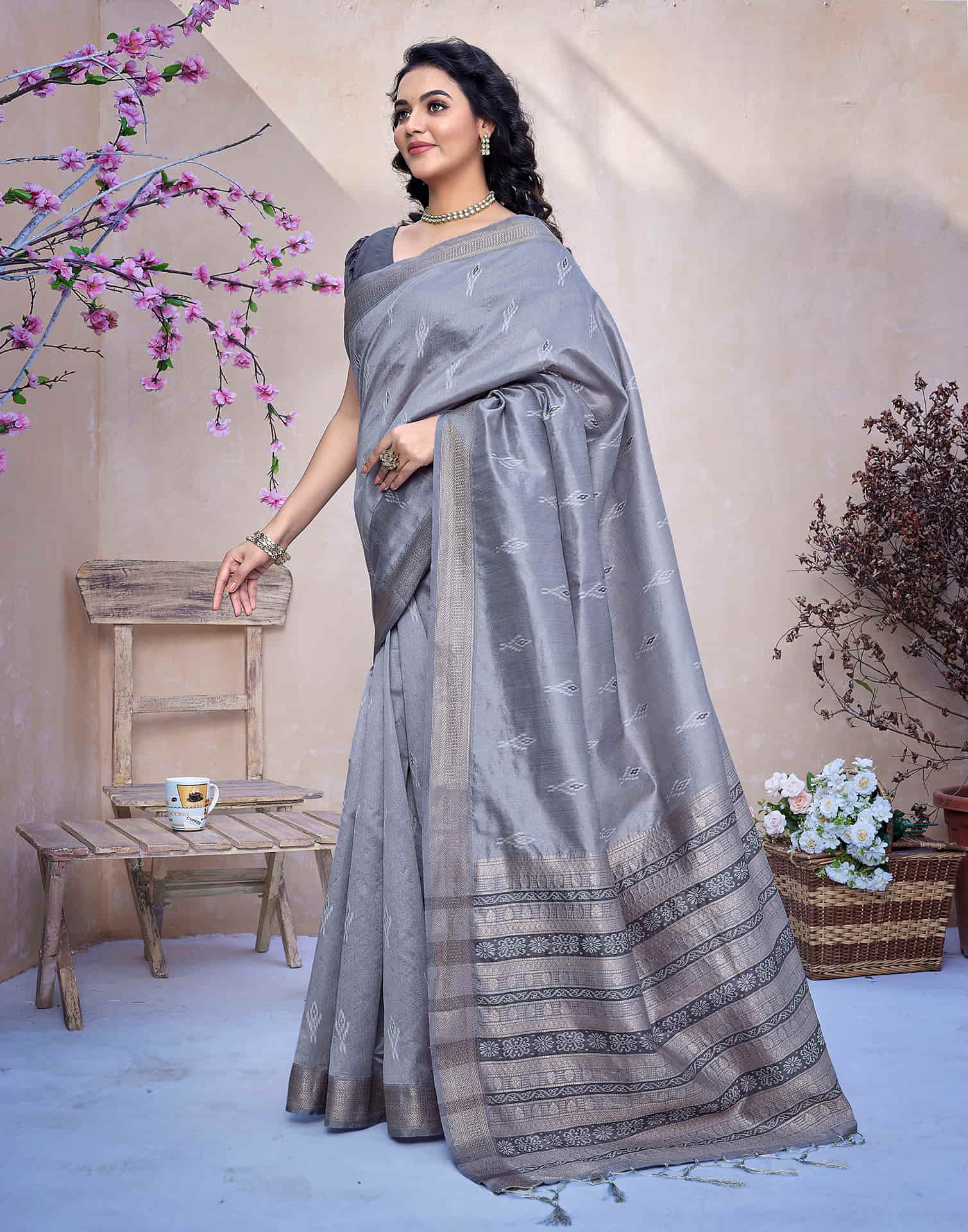 Steel Grey Silk Woven Banarasi Saree