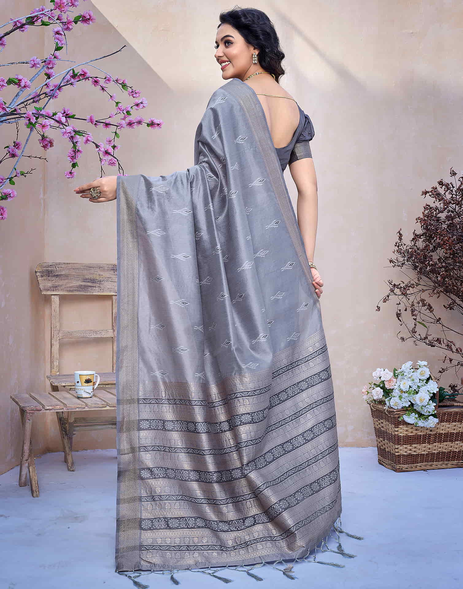 Steel Grey Silk Woven Banarasi Saree