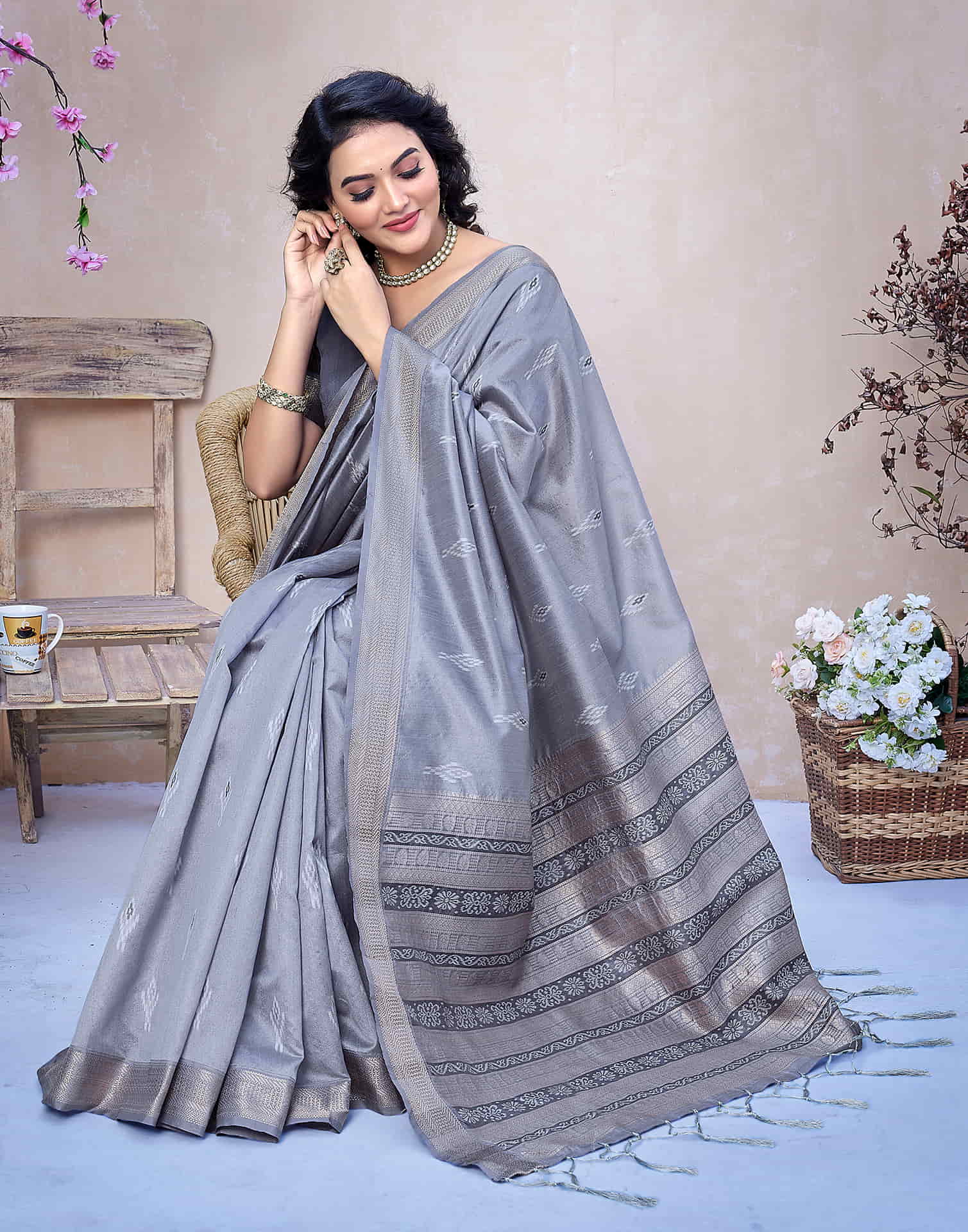 Steel Grey Silk Woven Banarasi Saree
