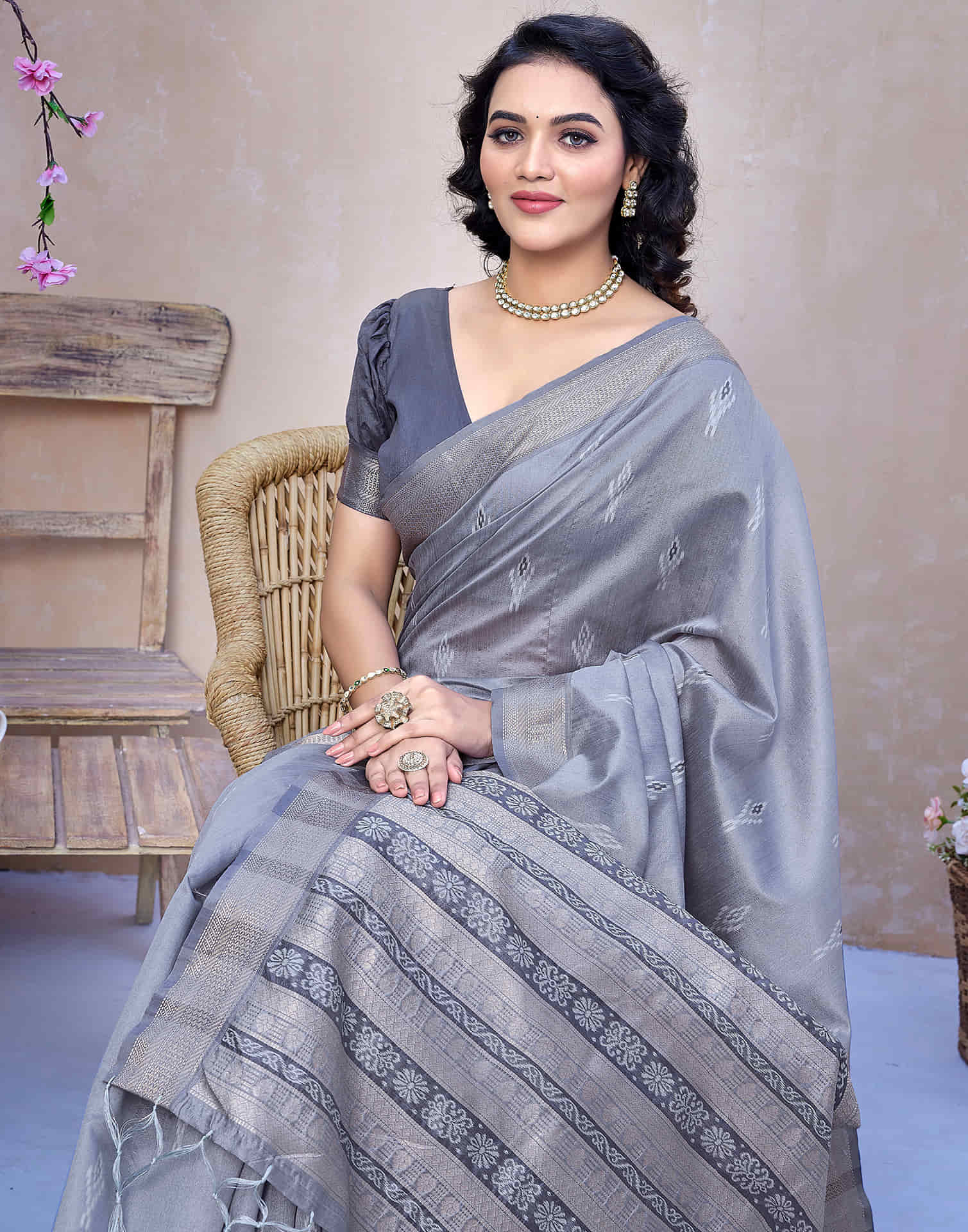 Steel Grey Silk Woven Banarasi Saree