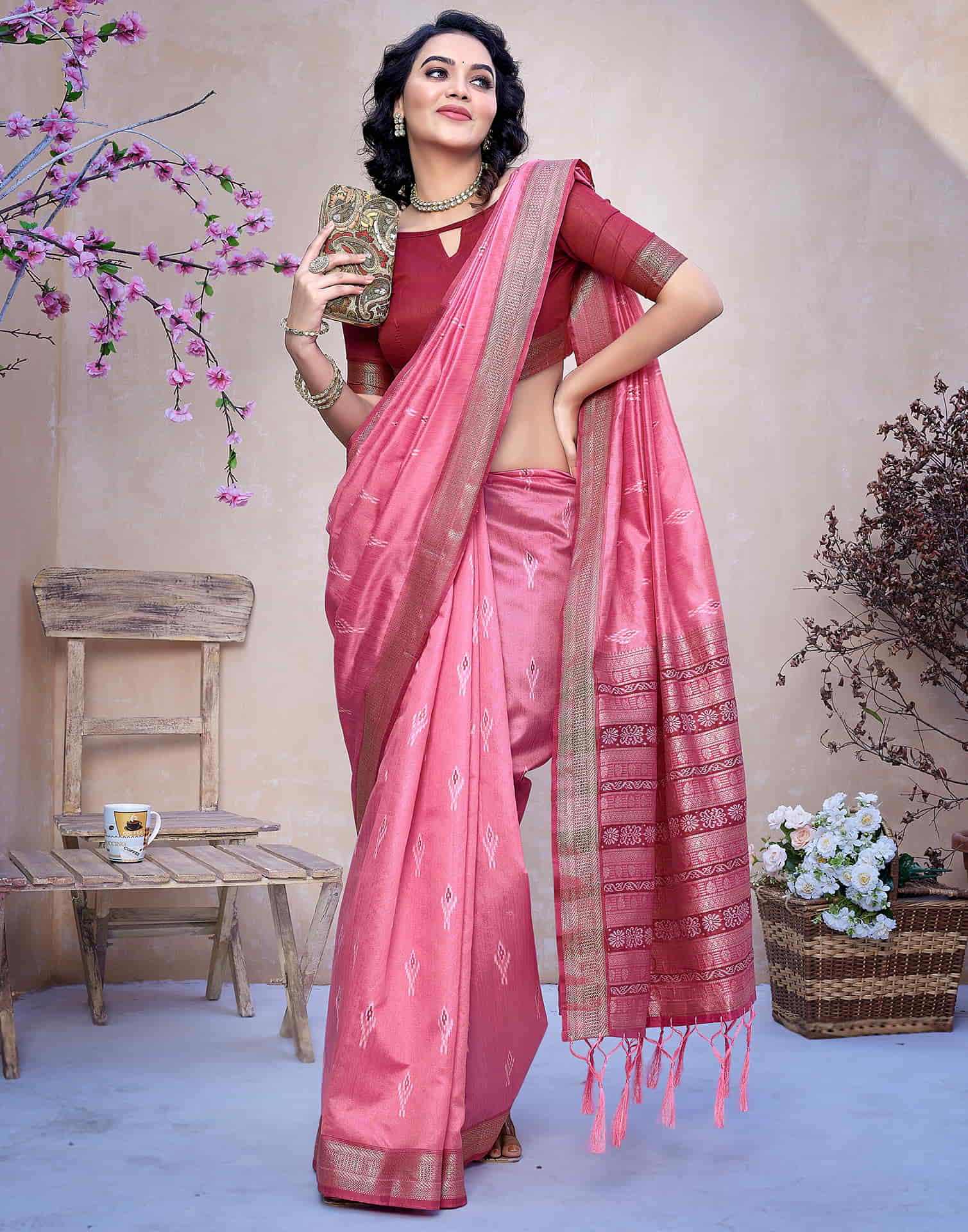 Pink Silk Woven Banarasi Saree