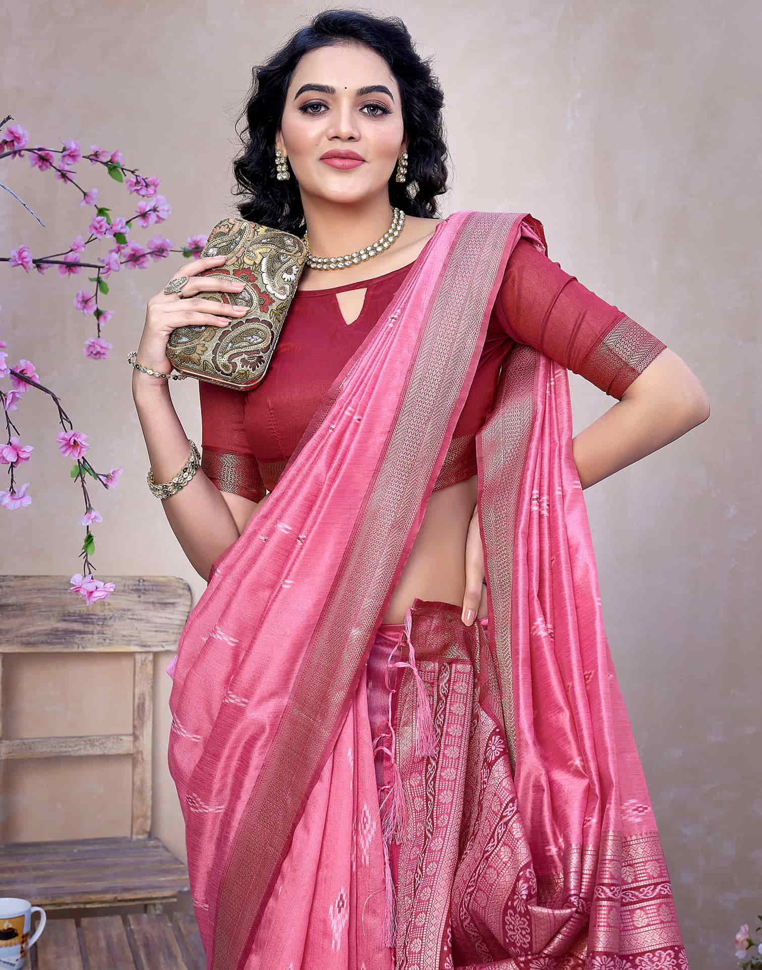 Pink Silk Woven Banarasi Saree