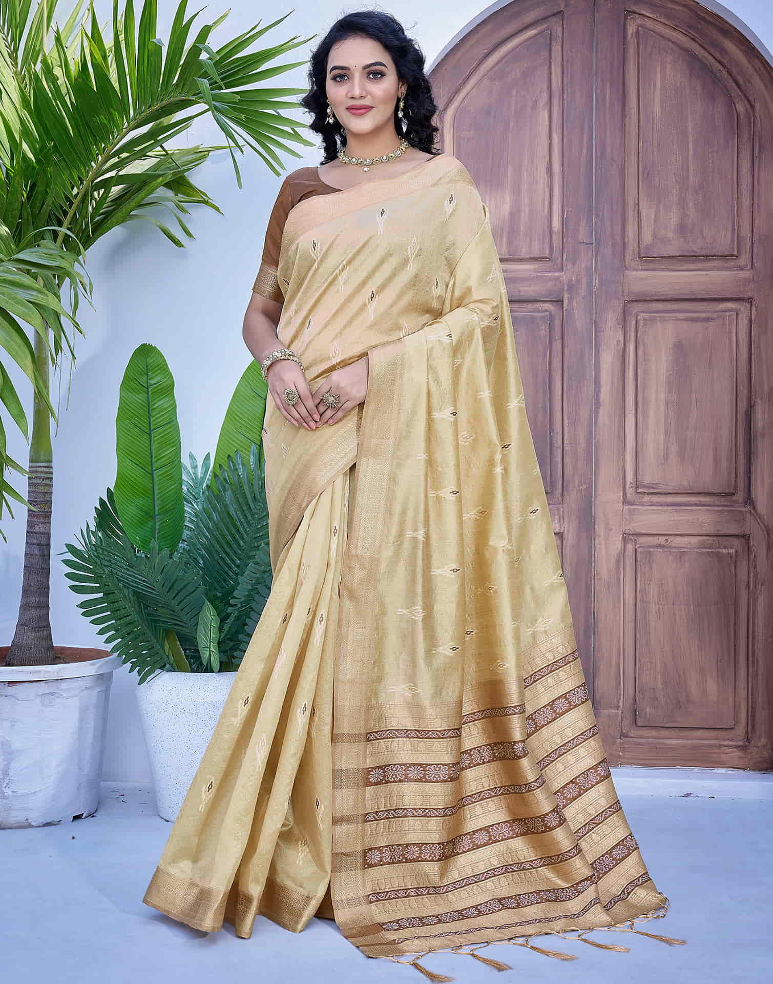 Beige Silk Woven Banarasi Saree