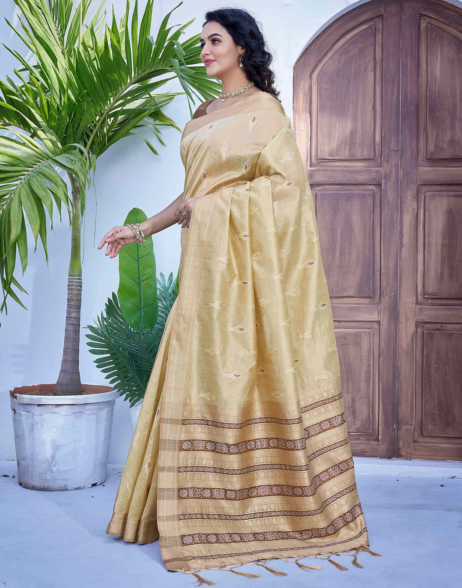 Beige Silk Woven Banarasi Saree
