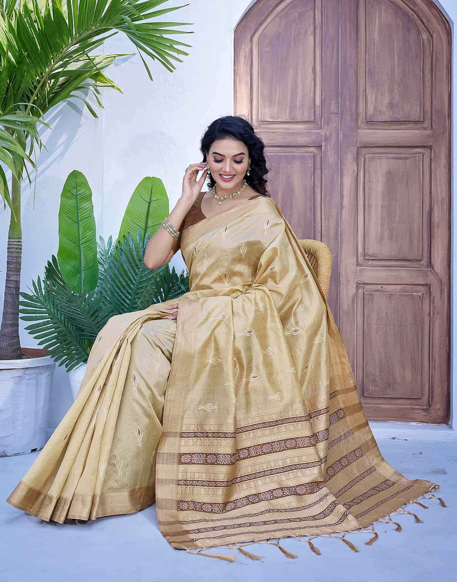 Beige Silk Woven Banarasi Saree