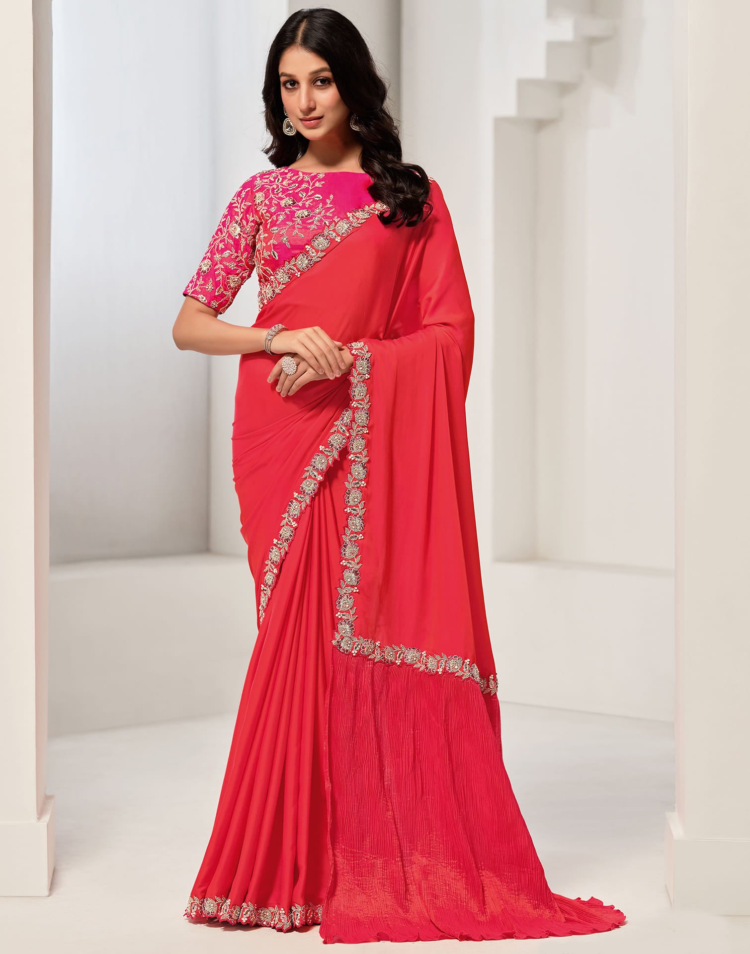 Bright Pink Silk Sequence Embellished Saree